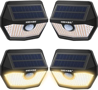 MEIKEE Solar Lights Outdoor Motion Sensor, 150 LED 2700K Warm White Motion Detected Flood Light 270° Wide Angle IP65 Waterproof Solar Security Light for Garden Patio Yard Deck Garage Fence -4 Pack