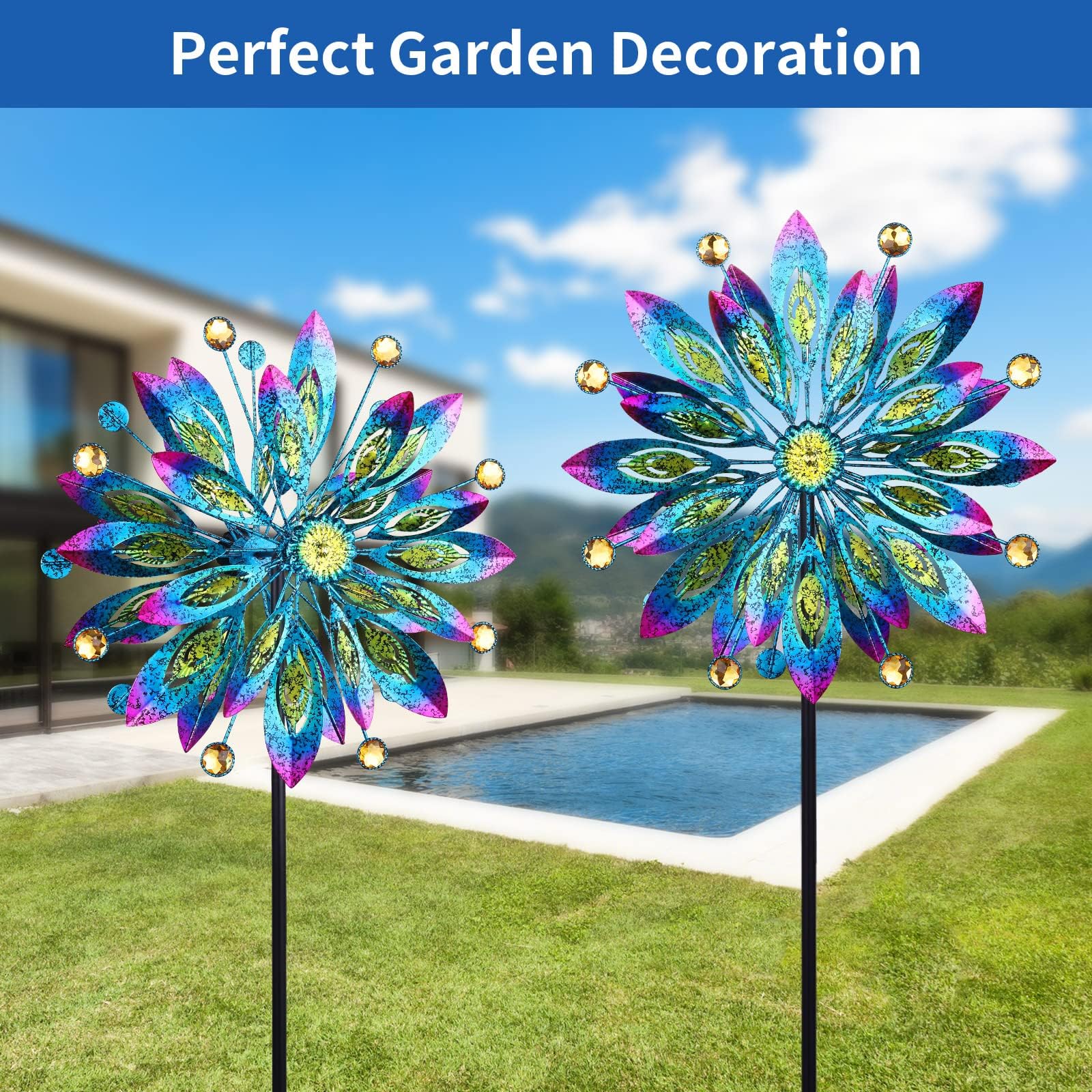 Girandola a vento per cortile e giardino, mulino a vento da esterno in metallo, scultura cinetica a vento bidirezionale con rotazione a 360 gradi per decorazione di cortile, patio e prato, 154 cm