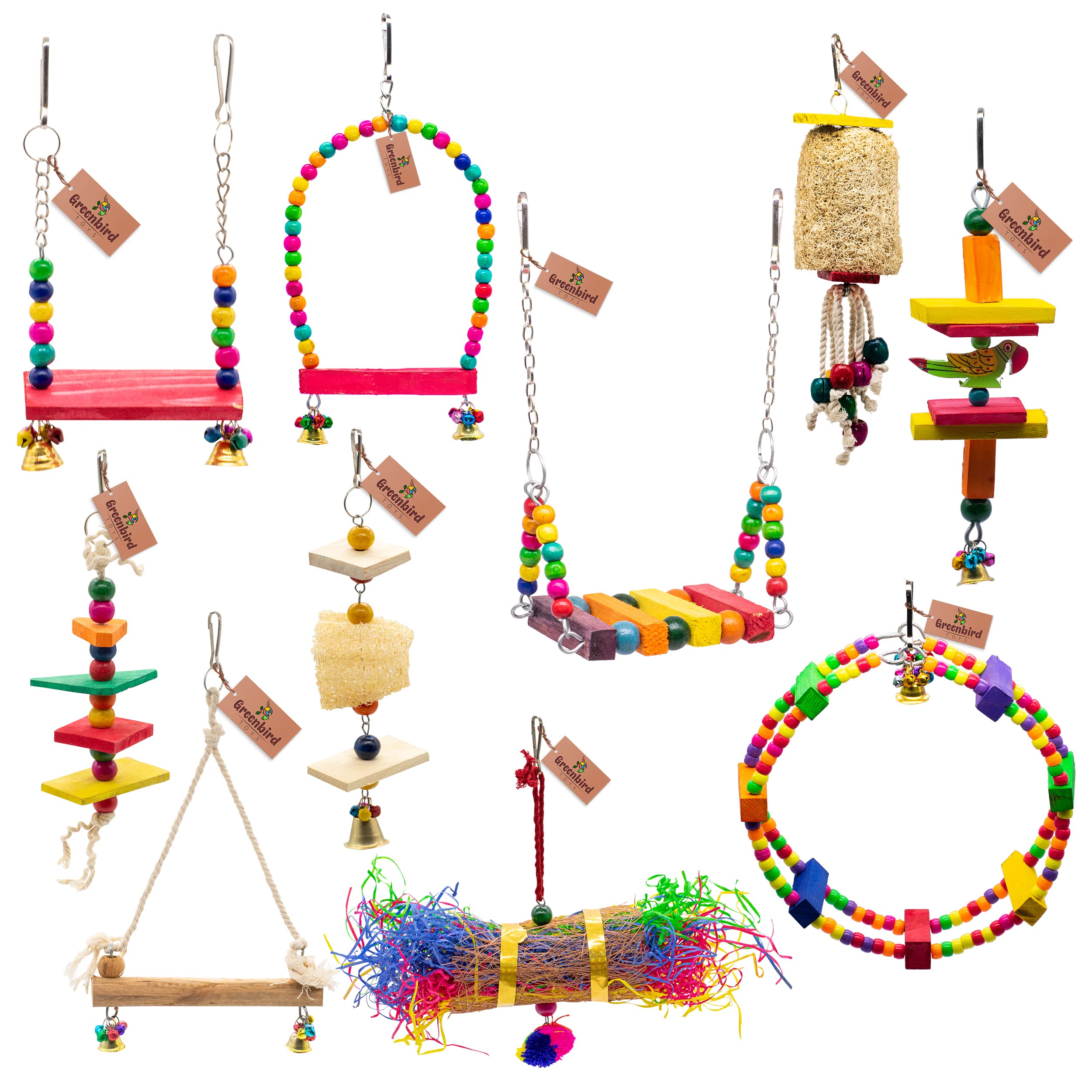 GREENBIRDS Pack of 10 Pcs Bird Colorful Chewing Foraging Shredder Toys, Swings, Ferris Wheel, Ring Perch, Cage Hanging for Bird & Parrot Parakeets, Conures, Cockatiel, Lovebird-image-30