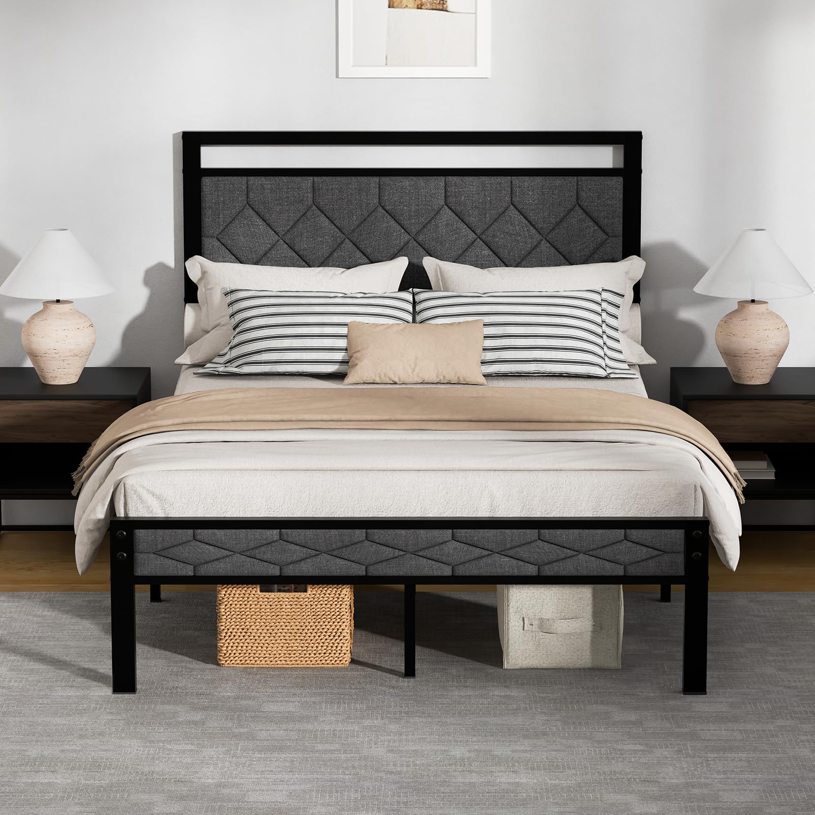 Z-hom Easy Assembly Upholstered Platform Bed Frame with Soft Padded Headboard, Modern Linen Fabric Mattress Foundation, No Box Spring Needed, Noise-Free & Sturdy Metal Support, Full Size (Grey)