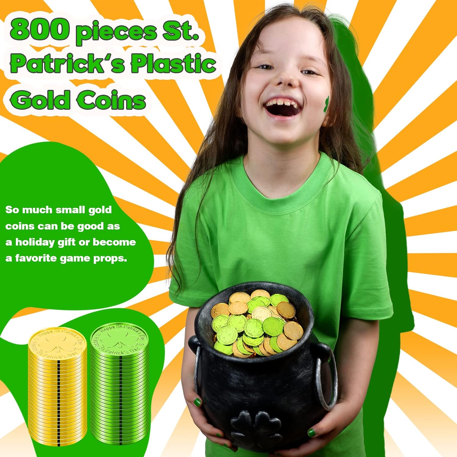 Leitee 800 Pieces St. Patrick's Day Coins Bulk Plastic Shamrock Coins Good Luck Saint Patrick's Day Decor with Green and Gold 3 Leaf Clover for Pot Irish Party Table Decorations