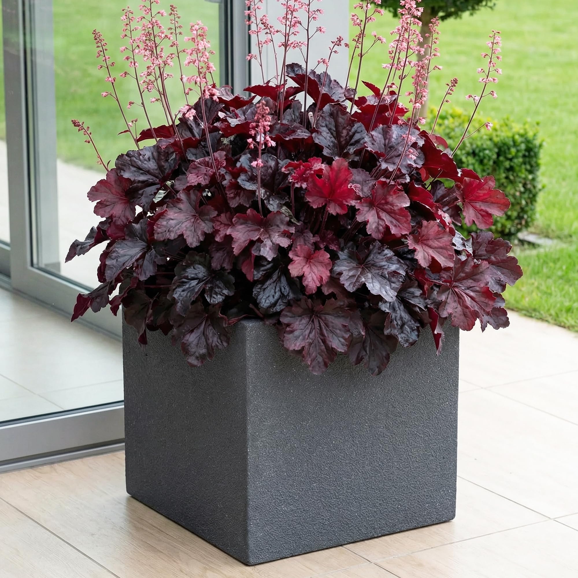 IDEALIST 40cm Square Box | Grey Reinforced Stone Flower Pot | Garden Planters with Drainage Holes L39.5 W39.5 H40 cm, 48 litres