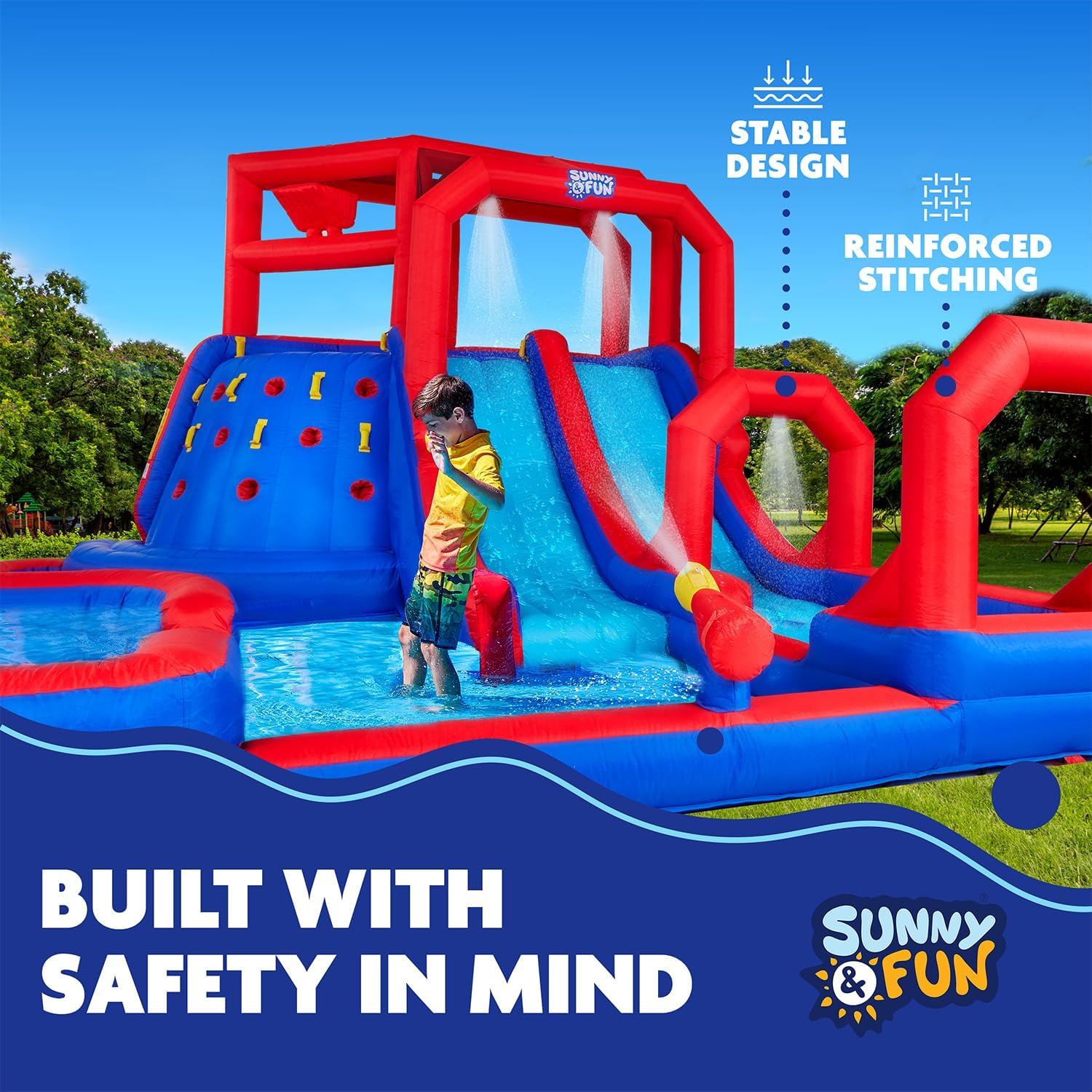 Sunny & Fun Mega Climb N’ Go Inflatable Water Slide Park – Heavy-Duty for Outdoor Fun - Climbing Wall, 2 Slides & Deep Splash Pool – Easy to Set Up & Inflate with Included Air Pump & Carrying Case