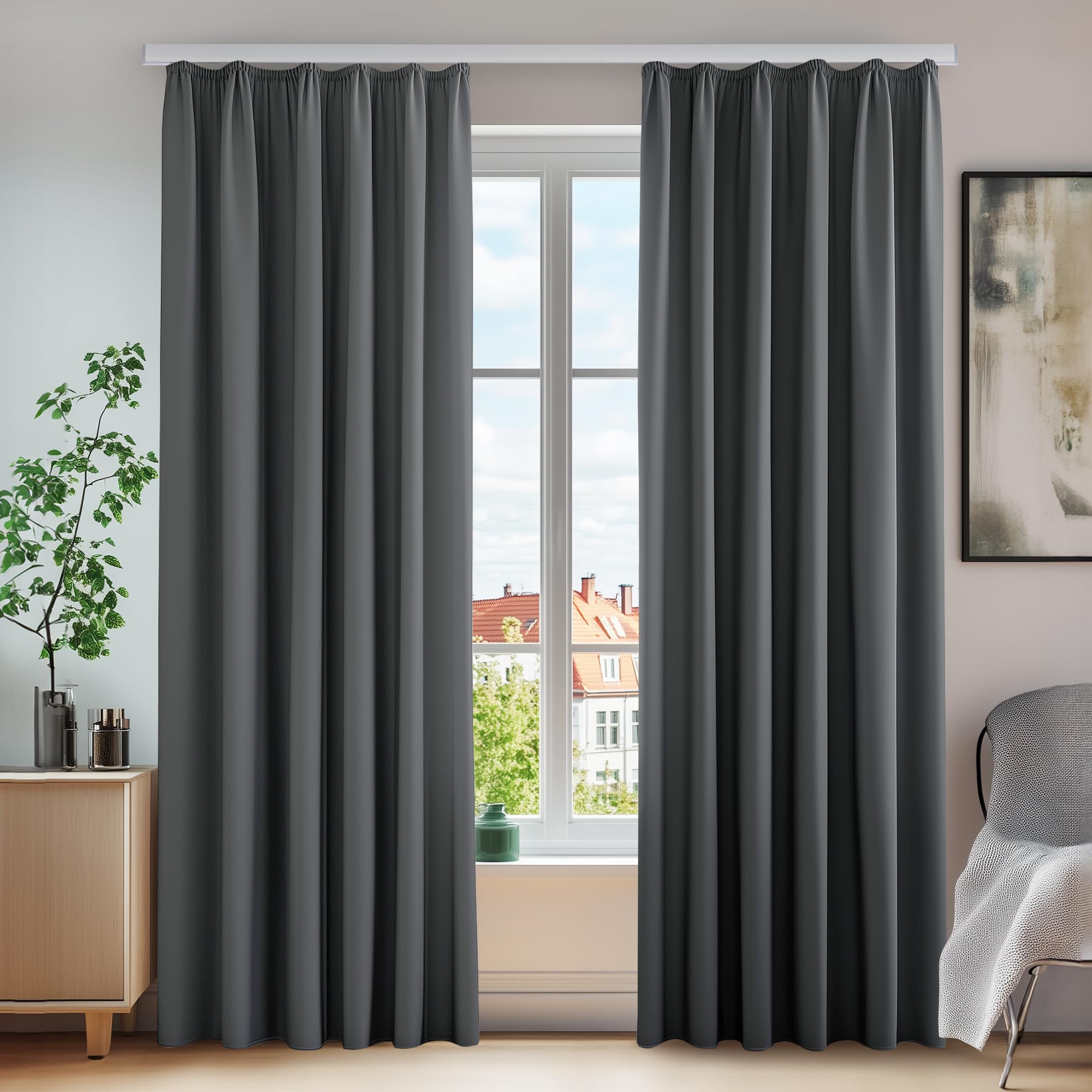 Deconovo - Cortinas con Cinta Fruncida, protección contra el frío, Opaca, protección contra el Ruido, 175 x 140 cm, Altura x Anchura, Color Gris Oscuro Global Recycled Standard OEKO-TEX STANDARD 100 Global Recycled Standard Global Recycled Standard