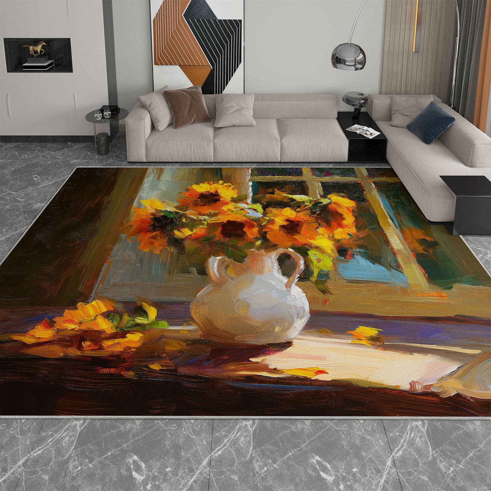 Jarrón de girasoles, alfombra de salón, 180 x 240 cm, pintura al óleo de franela, lavable, antideslizante, alfombra de pelo corto, alfombra de suelo para salón, comedor u oficina, fácil de limpiar