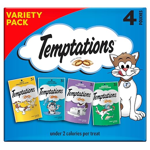 Temptations Classic Crunchy and Soft Cat Treats Feline Favorites Variety Pack, 3 oz. Pouches (Pack of 4)