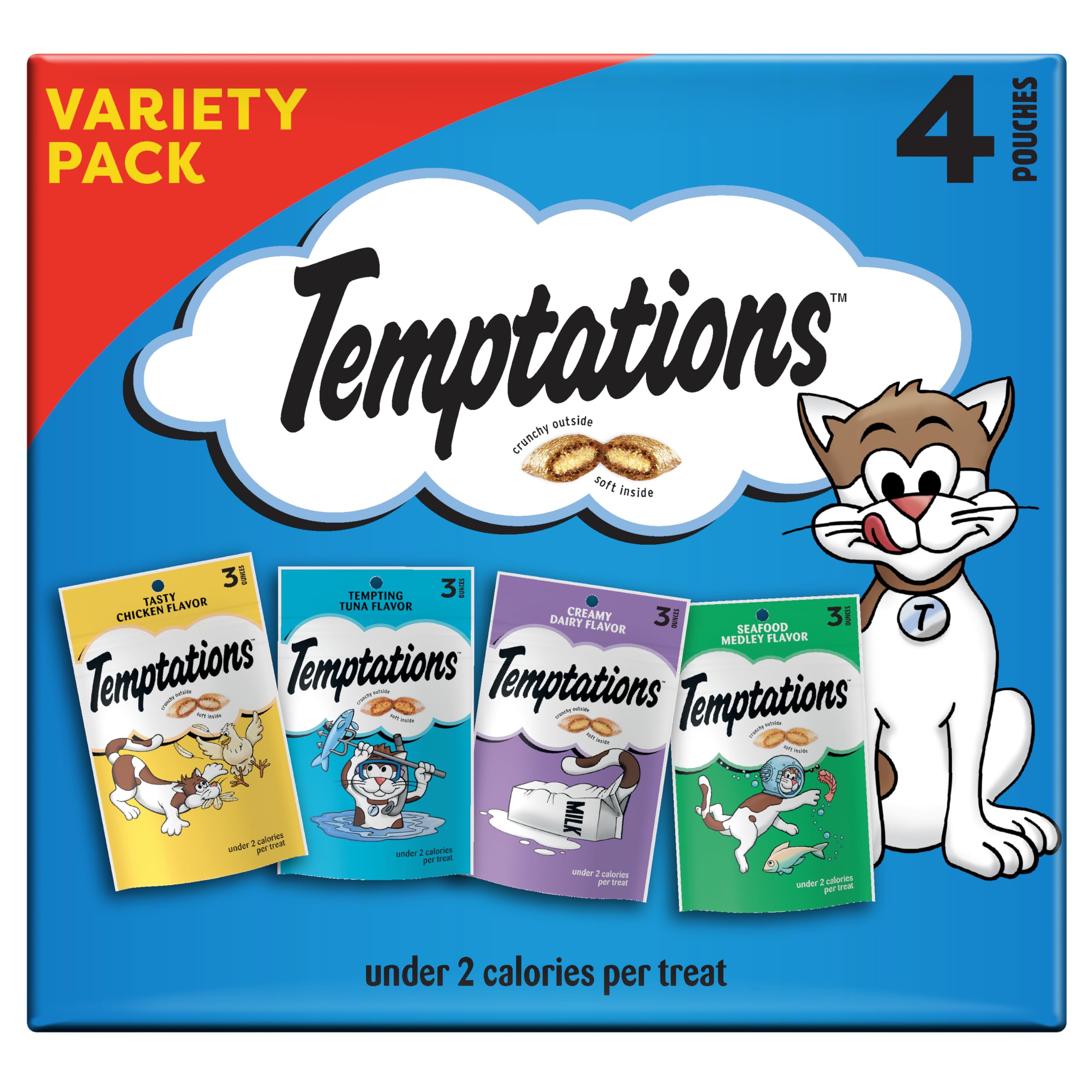 Temptations Classic Crunchy and Soft Cat Treats Feline Favorites Variety Pack, 3 oz. Pouches (Pack of 4)