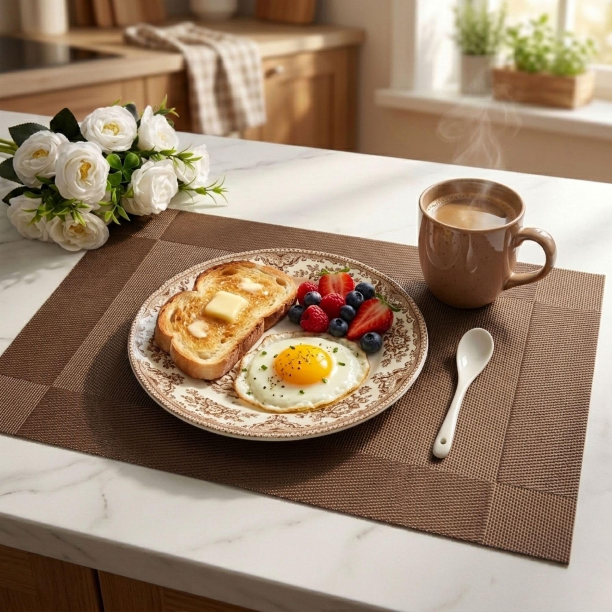 Ramkuwar Home Restaurant Use Heat Resistant Woven Decorative PVC Placemats Set of 6 Non-Slip Washable Vinyl Dining Table Mats for Kitchen, Coffee Table and Dining Room (Brown)