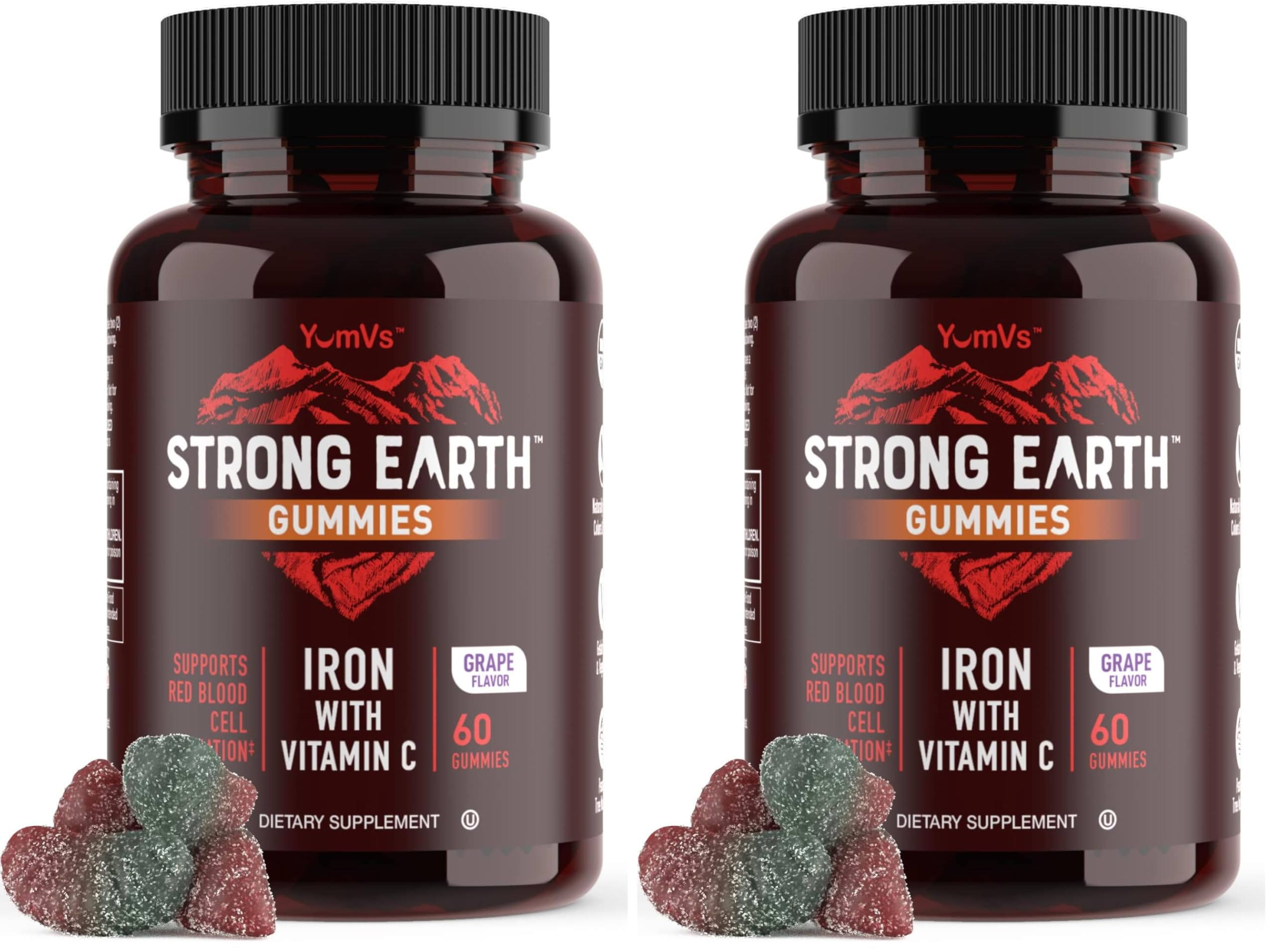 YUM-V'S Strong Earth Iron with Vitamin C Gummies (60 Count) - Iron Supplements with Vitamin C Gummy - Blood Builder Anemia FE Iron Gummies, Iron Supplement for Women and Men (Pack of 2) 60 Count (Pack of 2)