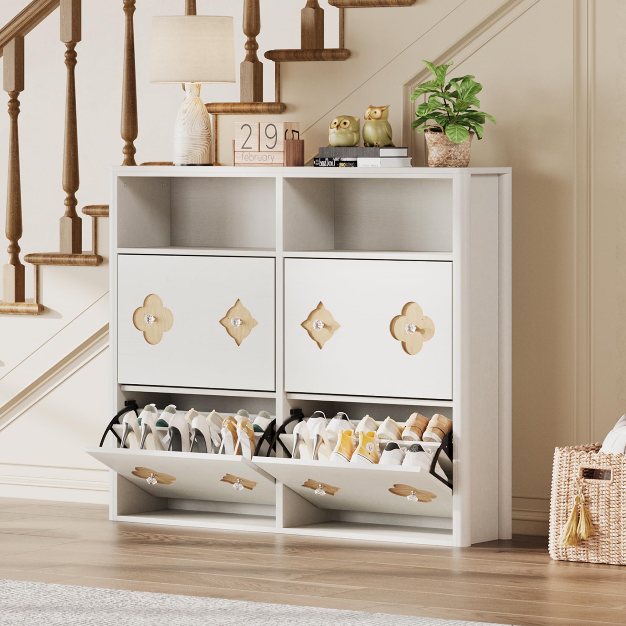 GarveeHome Shoe Cabinet with 4 Flip Drawers, Narrow Wood Shoe Organizer Cabinet with Floral Pattern, Freestanding Slim Shoe Rack Cabinet with Adjustable Shelves &amp; Open Storage, for Entryway, White