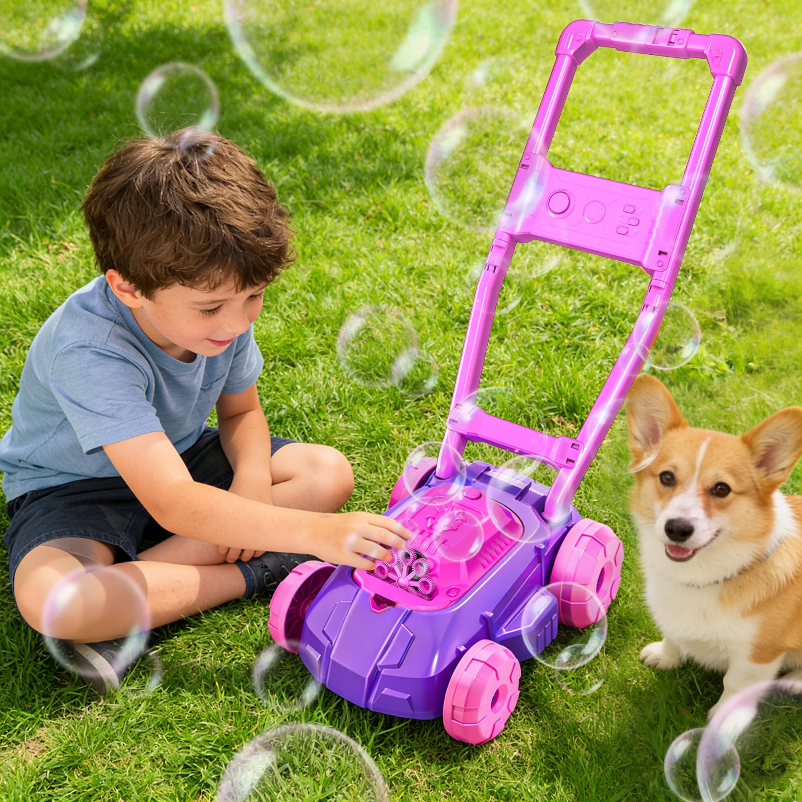 Rasenmäher Seifenblasenmaschine Kleinkinderspielzeug, Sommer Outdoor Spielzeug Spiele, Seifenblasenmaschine für Kleinkinder Vorschulkind Jungen Mädchen Geburtstag, Rosa