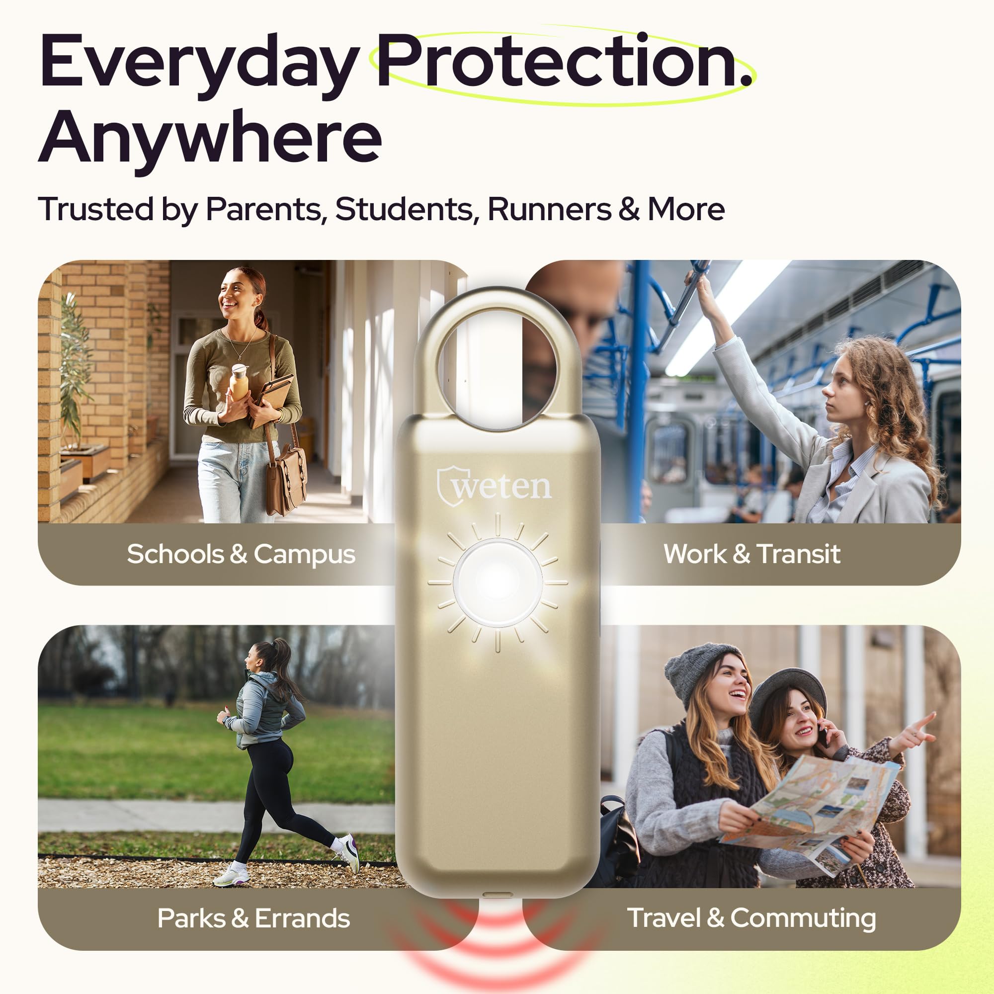 Weten Portachiavi con allarme di sicurezza personale, sirena da 130 dB con altoparlante inferiore, luce LED, cinturino da polso e moschettone a clip, allarme autodifesa resistente alle intemperie con