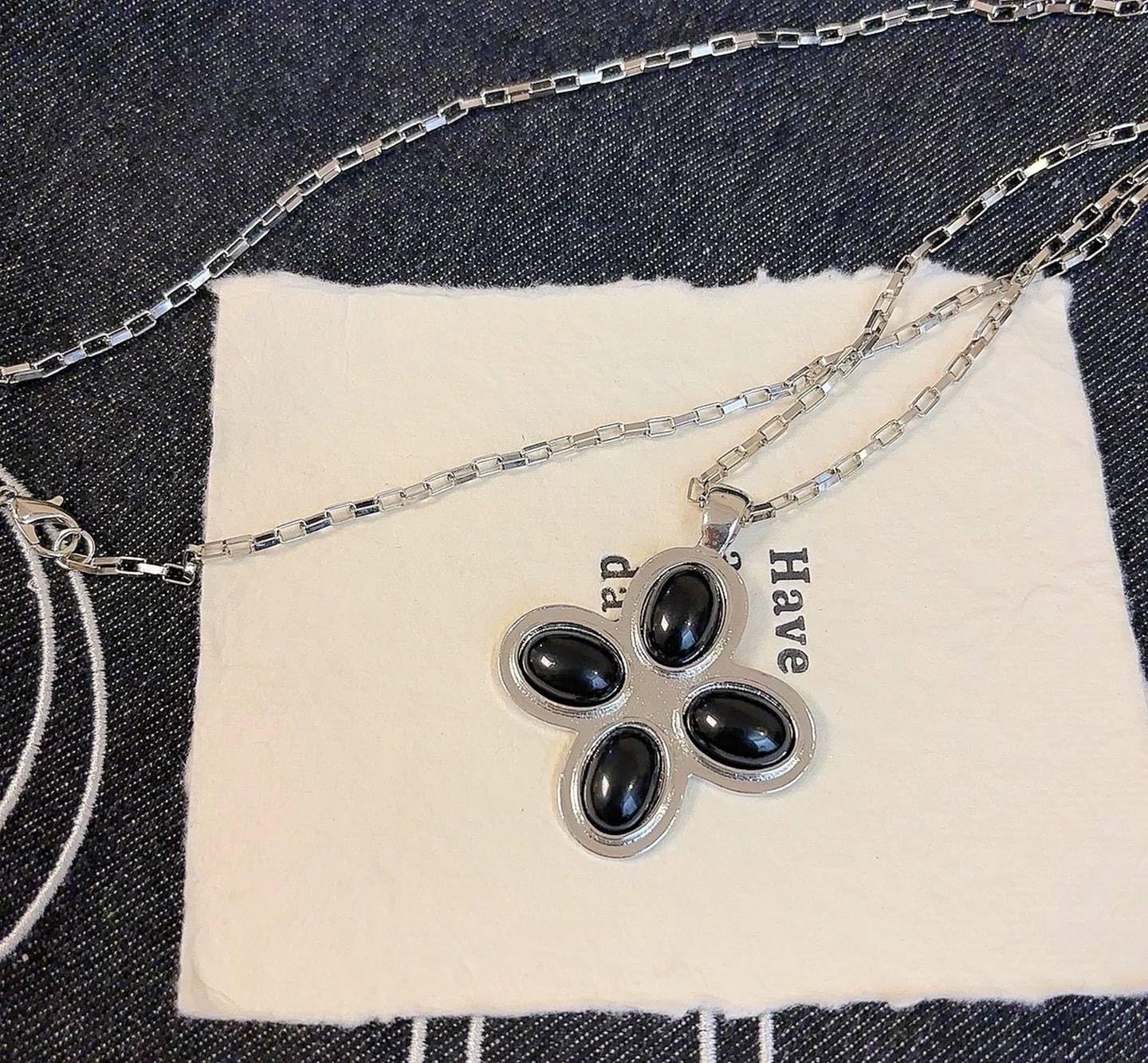 18K Gold Plated Silver Chain Necklace with Black Stone Clover Pendant – Vintage-Inspired Statement Jewelry for Women - Image 4