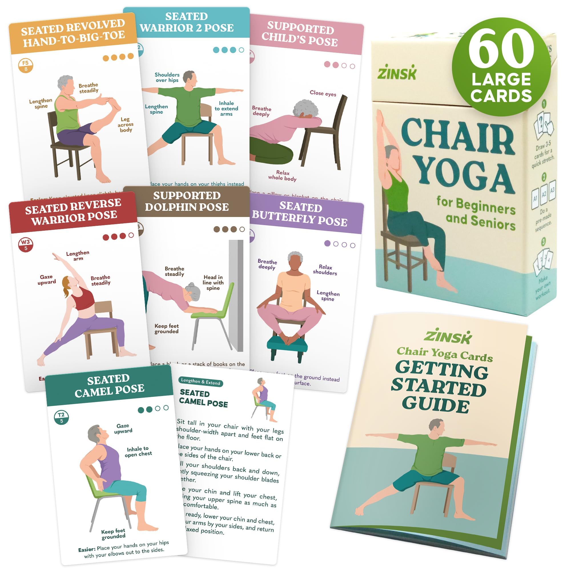 60 Chair Yoga Exercises – Gentle Workouts for Flexibility, Balance & Strength – Big 4″ x 6″ Cards with Step-by-Step Large-Text Instructions – Guidebook & 10 Pre-Made Routines for Seniors & Beginners-picture-16