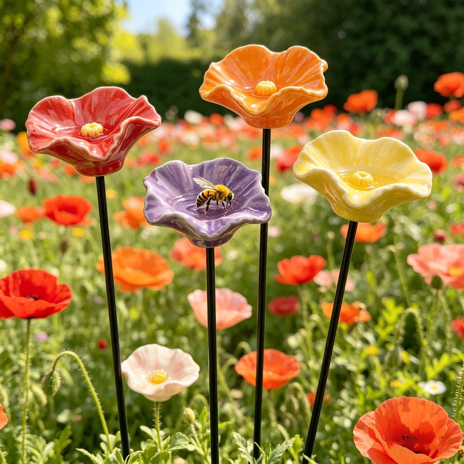 2026 Blumen Bienentränke 4er Set – Handgemachte Wetterfest, Blumenförmige Bienentränke für den Garten, Dekorative Bienenwassertränke mit Metallstab – Lockt Bienen, Schmetterlinge & Nützlinge an (4Pc)