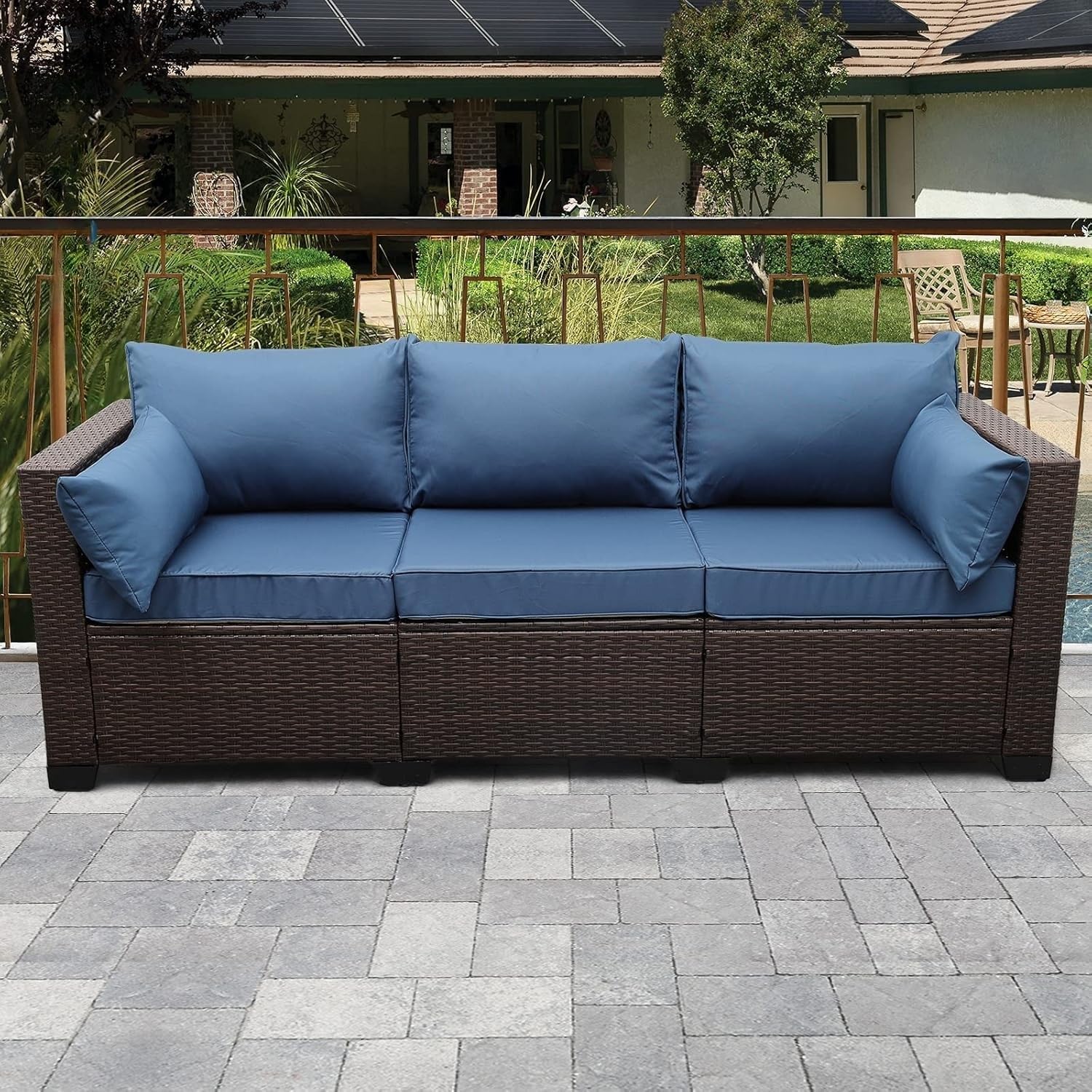 DEVOKO 3-Seater Patio Wicker Loveseat Rattan Couch Furniture with High Back & Non-Slip Cushioned for Garden, Pool, Balcony, Lawn (Dark Brown & Navy Blue)