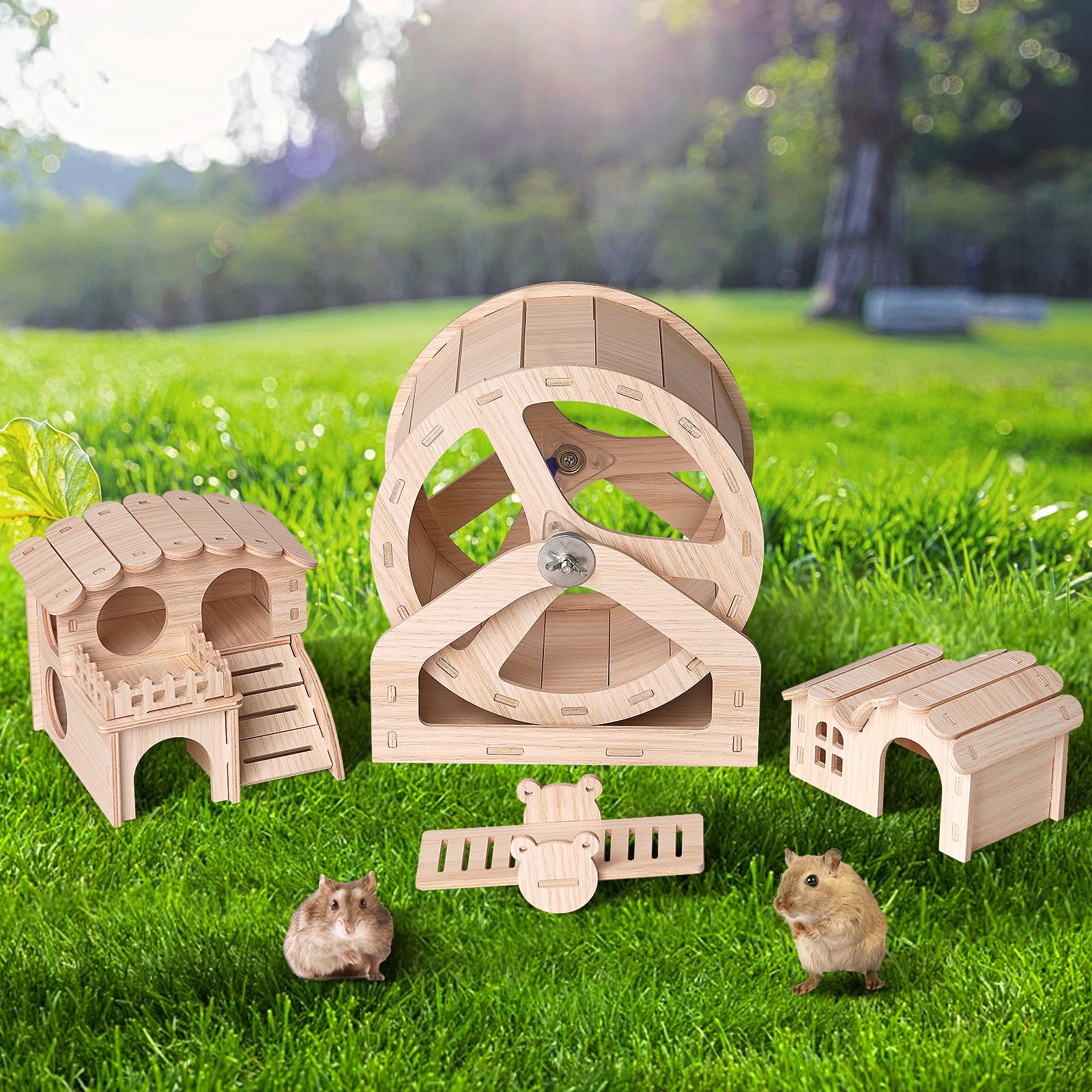 MOGOULUAHamster Running Wheel Wooden House Kit Wooden Castle Split-Level Villa Hamster Hideouts Habitats Décor for Gerbils Dwarf Hamster Degus Rat