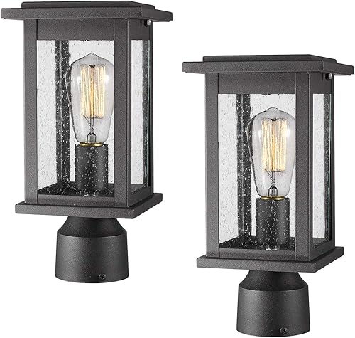 Emliviar 1803EW1-P-2PK - Juego de 2 lámparas de poste para exteriores, acabado negro con vidrio sembrado, paquete de 2