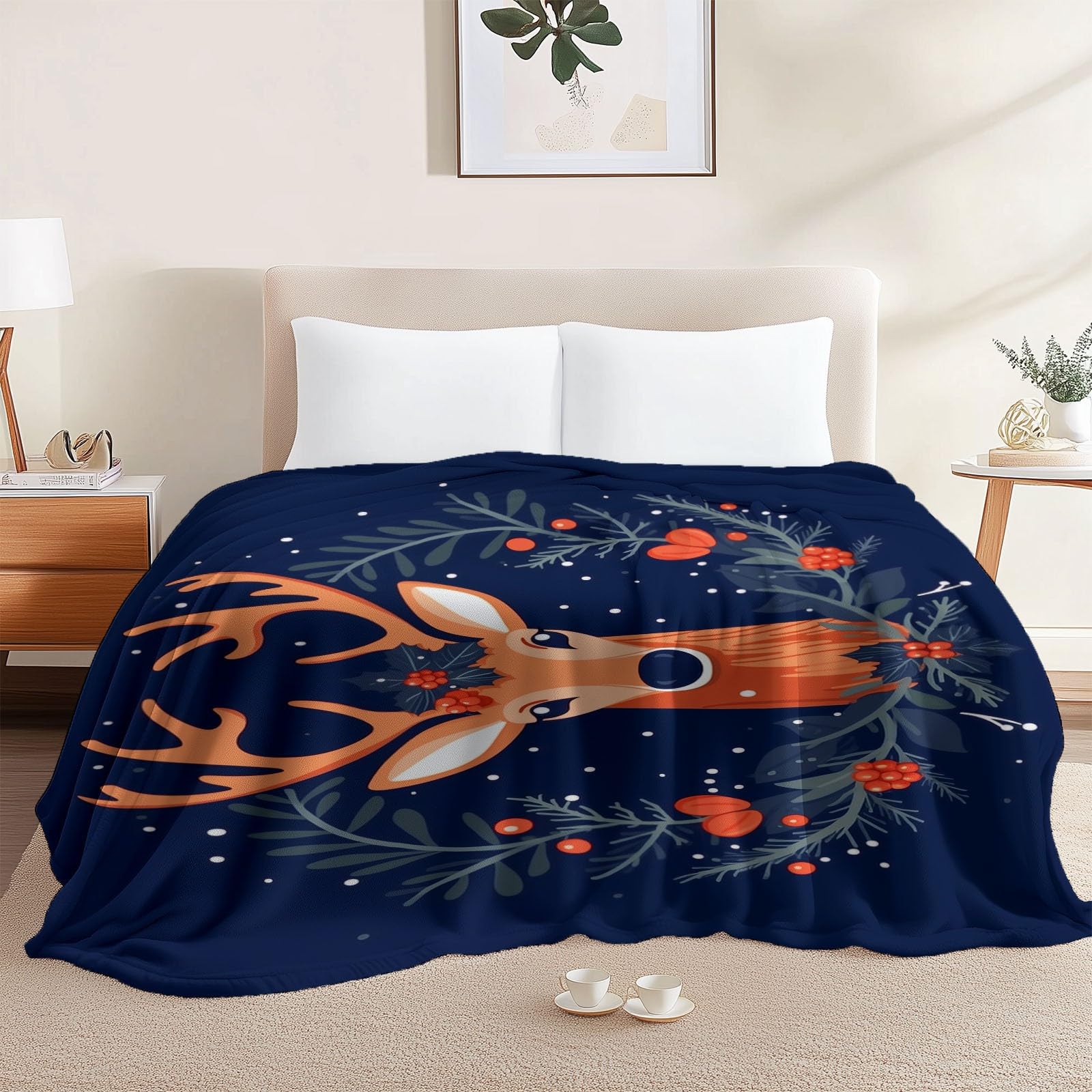 Genérico Manta de Felpa Ligero y Cómodo - Azul Oscuro Súper Suave Acogedora Manta de Franela para Niños Niñas Adulto 220 x 240 cm, Ciervo Navideño Corona Frazada para Otoño e Invierno