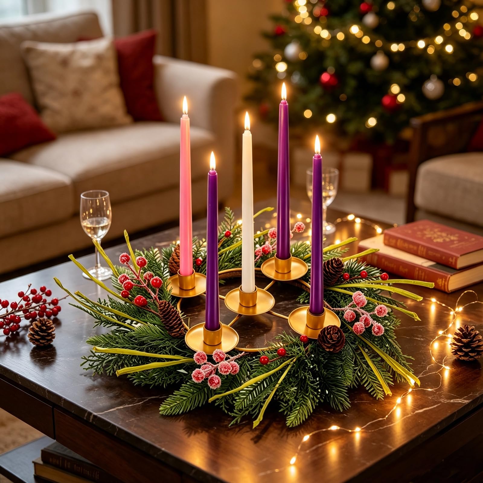 Lot de 6 couronnes de l'Avent de Noël avec 5 bougies artificielles sans