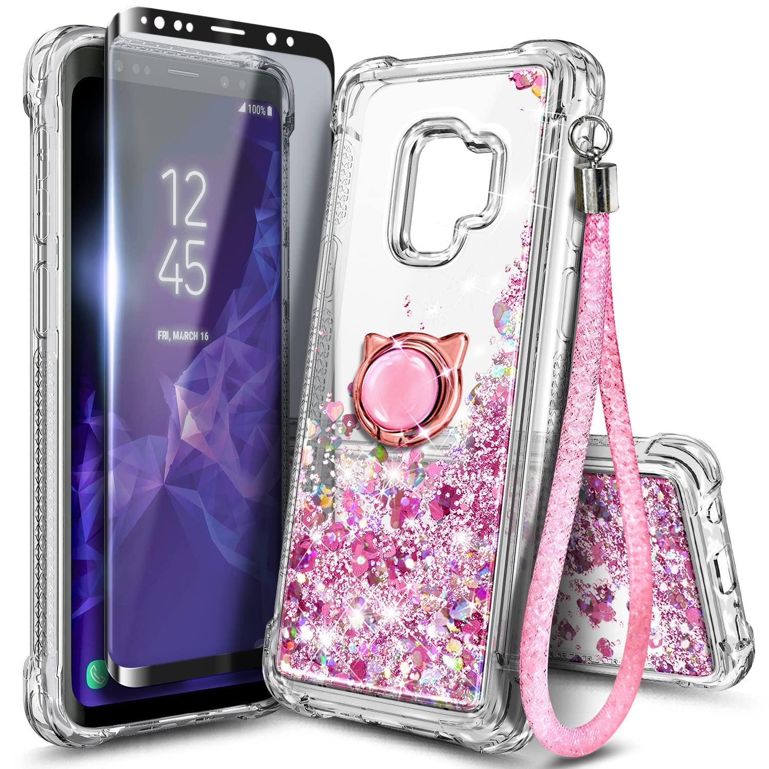 E-BeganCase for Samsung Galaxy S9 with Screen Protector (Maximum Coverage, Flexible TPU Film), Sparkle Glitter Flowing Liquid Quicksand Bling Diamond, Durable Girls Women Kids Cute Case -Rose Gold