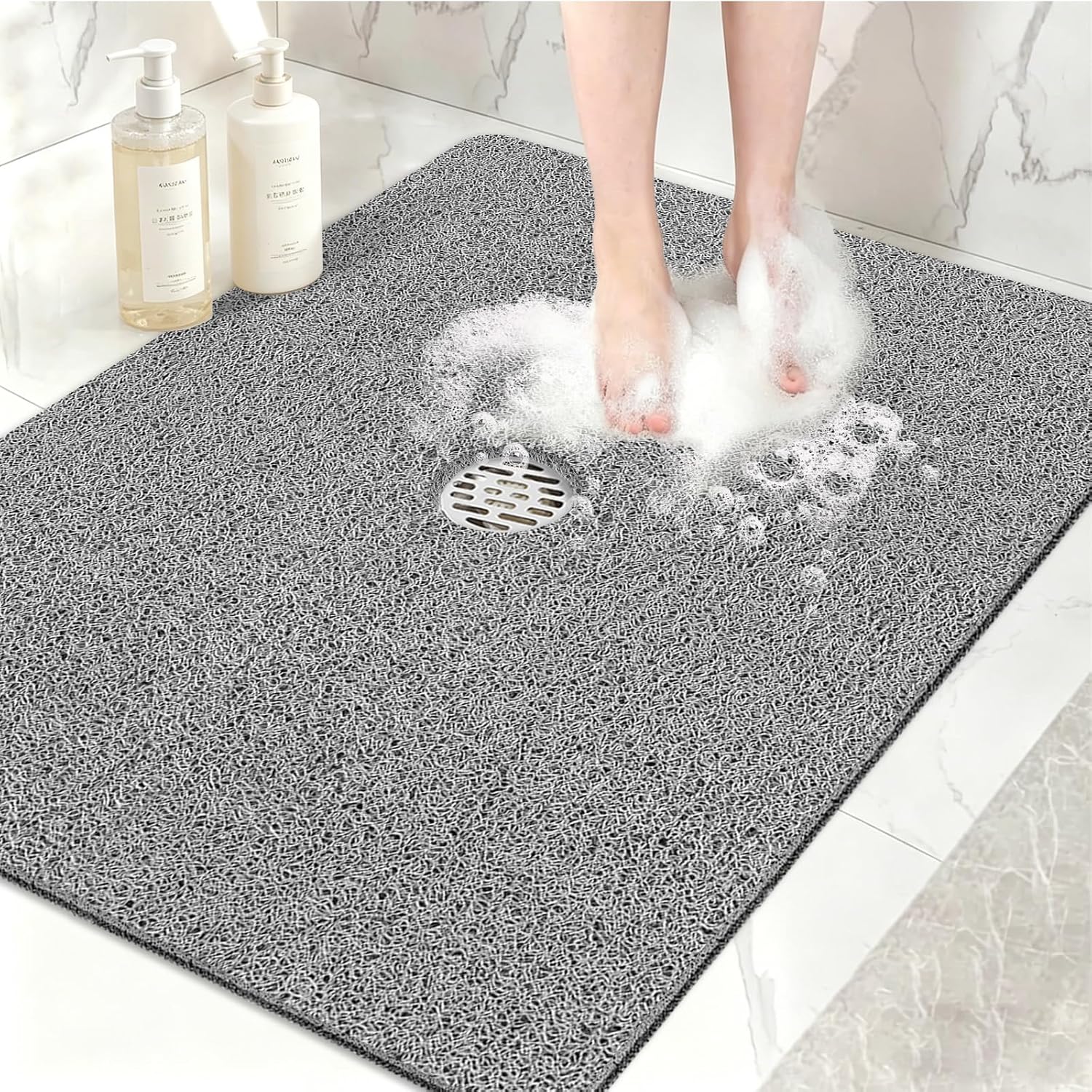 Shower Mat Non Slip, 47" x 32" Extra Large Soft Loofah Shower Mats for Inside Shower with Center Drain Hole, Anti Slip Shower Floor Mat for Elderly, Quick Drying, Grey