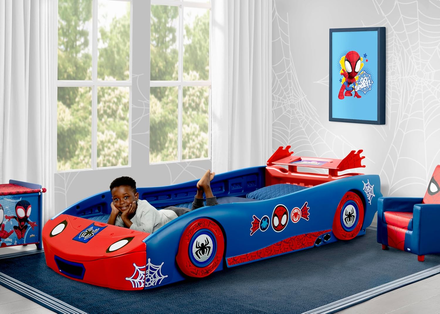delta children - spidey and his amazing friends web crawler race car twin bed, blue/red