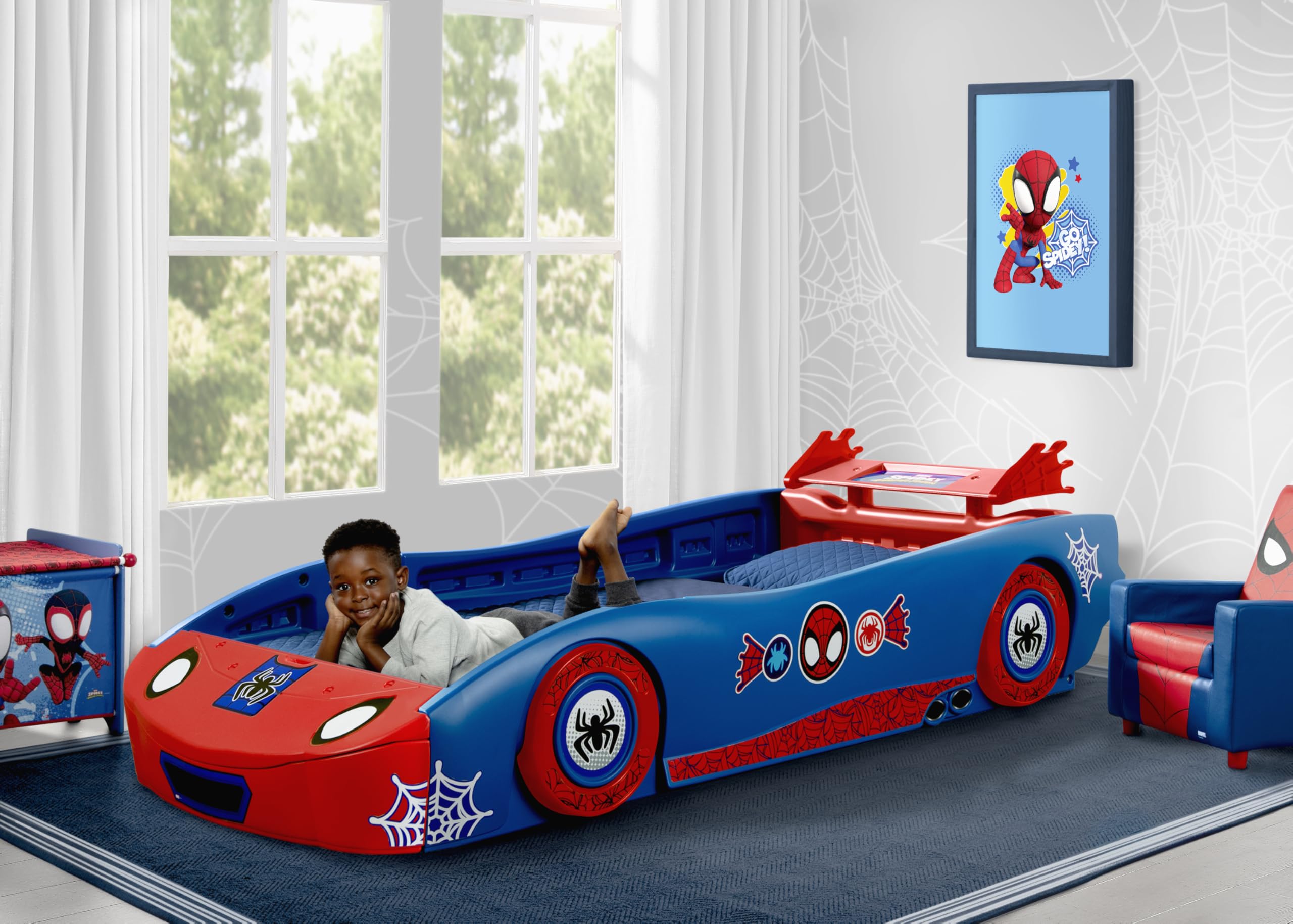 Delta Children - Spidey and His Amazing Friends Web Crawler Race Car Twin Bed, Blue/Red