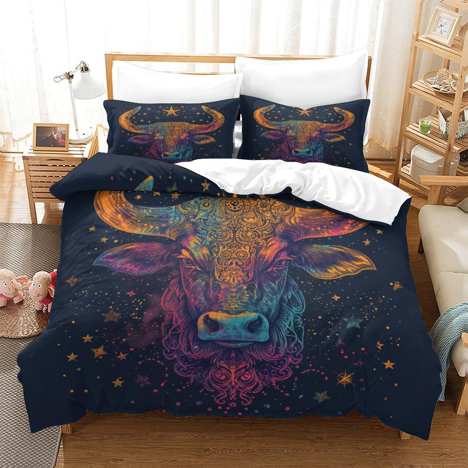 P1S9U7W5Y Colorful Bull Head 3D Printed Microfiber 3 Piece Duvet Cover Set Soft Breathable Animal Bedding Set for Adults Teens Bedroom Decor Super king（260x220cm）