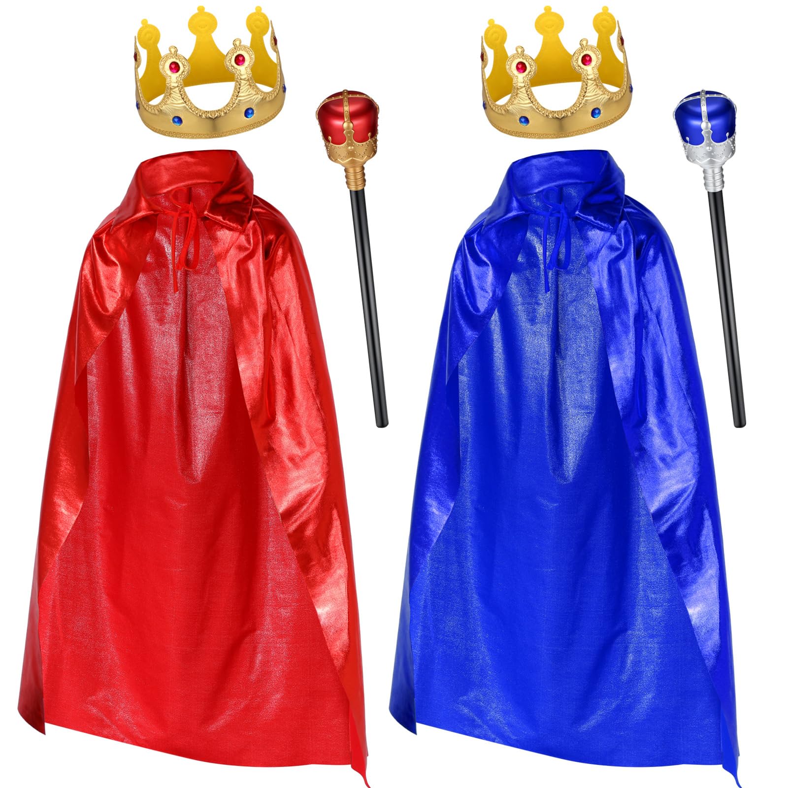 Tradder 6 Pcs King Robe Crown Scepter Set 2 King Cape Cloak 2 Crown 2 Scepter for Boys Girls Halloween Cosplay Stage Performances Birthday Queen Prince Dress up Royal Party Favors