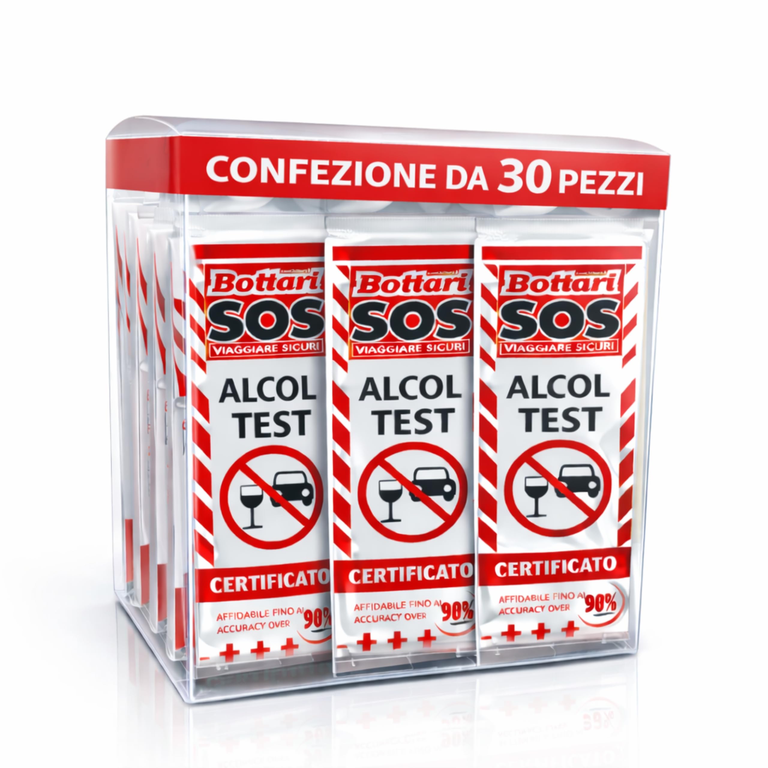 Bottari S.O.S - Test d'alcool jetable certifié UE 0,2 g/L, éthylotest jetable Portable, 4 Niveaux de détection, résultat Rapide, Lot de 30 pièces