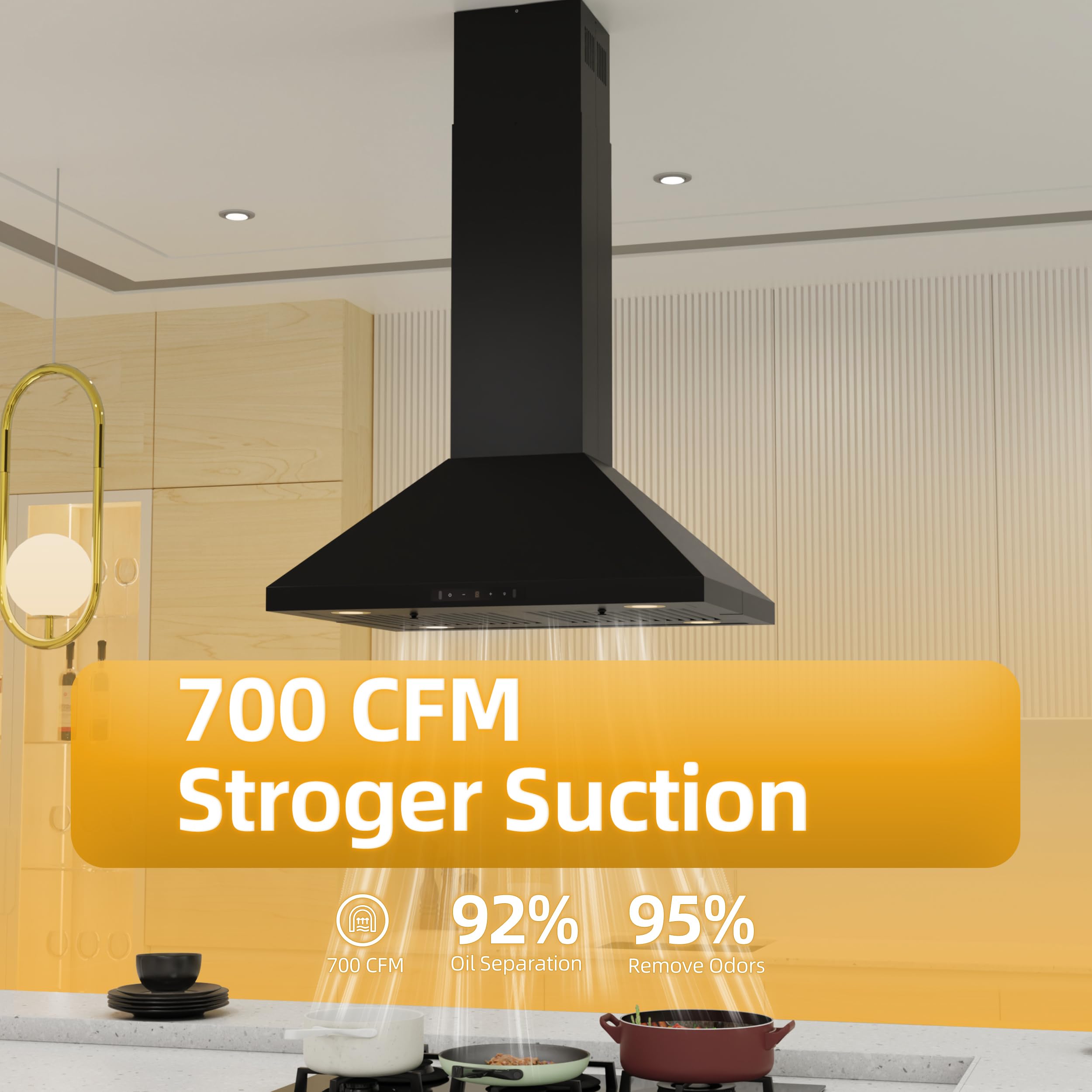 Campana extractora Island Mount de 30 pulgadas, 700 CFM con conductos o sin conductos, campana de cocina convertible, estilo pirámide, campana extractora de montaje en techo con detección de 2