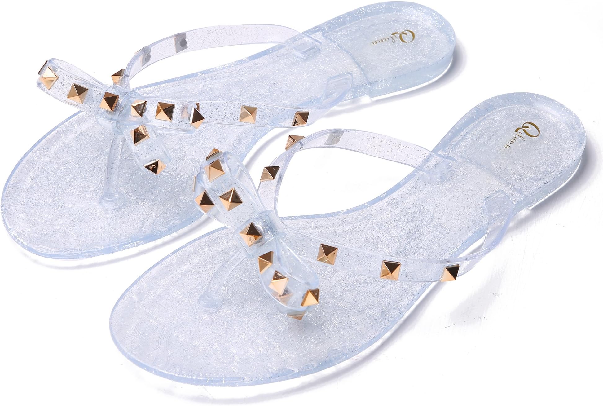 Qilunn Women Studded Bow Flip Flops Jelly Thong Sandals Rubber Flat Summer Beach Rain Shoes