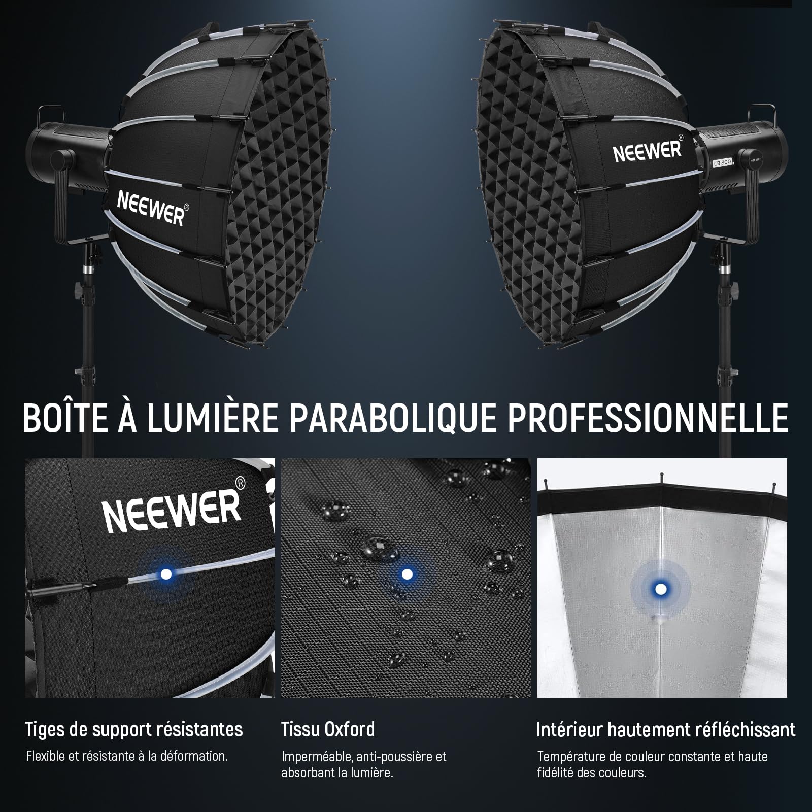 NEEWER Kit de boîte à lumière parabolique Bowens - 60 cm - avec diffuseurs de lumière - pour Studio de Photographie, Enregistrement vidéo, Diffusion en continu - Compatible avec Aputure 120d