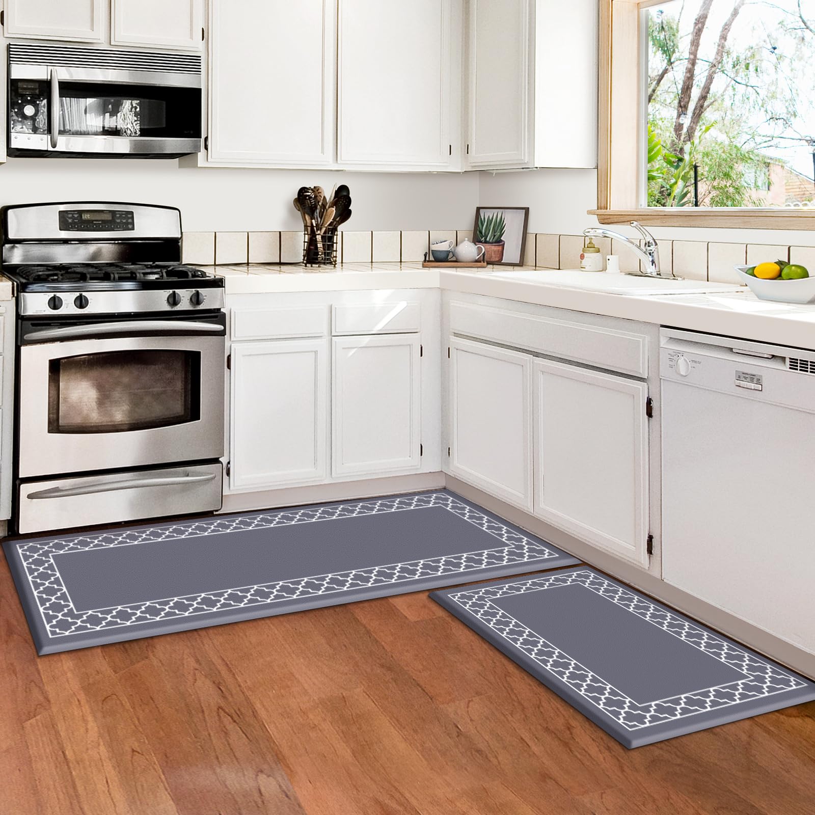 LuxStep Kitchen Mat [2 PCS] Cushioned 0.47 inch Anti Fatigue Kitchen Rug Non Slip Kitchen Mats and Rugs Waterproof Kitchen Rug Comfort Standing Mat for Kitchen, House,Office (Grey)