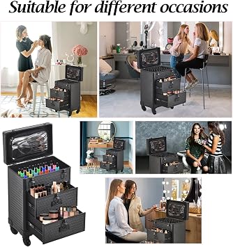 BTGGG Makeup Trolley Professional Beauty Trolley on Wheels with 2 Drawers Lockable Cosmetic Vanity Case Hairdressing Trolley, Black Make Up Case, Beauty Nails Case, Gift for Mothering Sunday