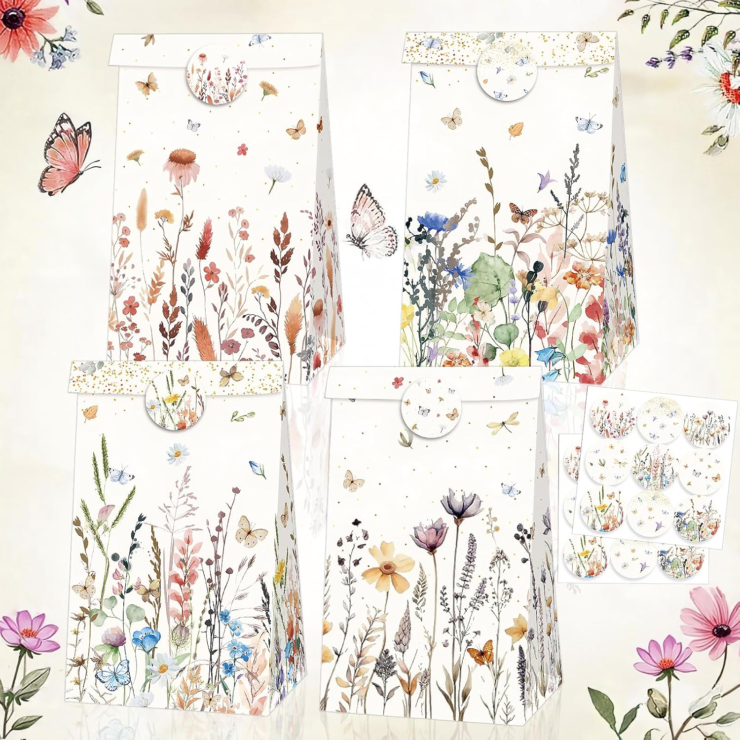 Inshinern Wildflower Party Favor Gift Bags Small Spring Floral Party Bags with Sticker Boho Theme Candy Goodie Bag for One Birthday Baby Shower Woodland Picnic Garden Tea Party Supplies (12Pcs)