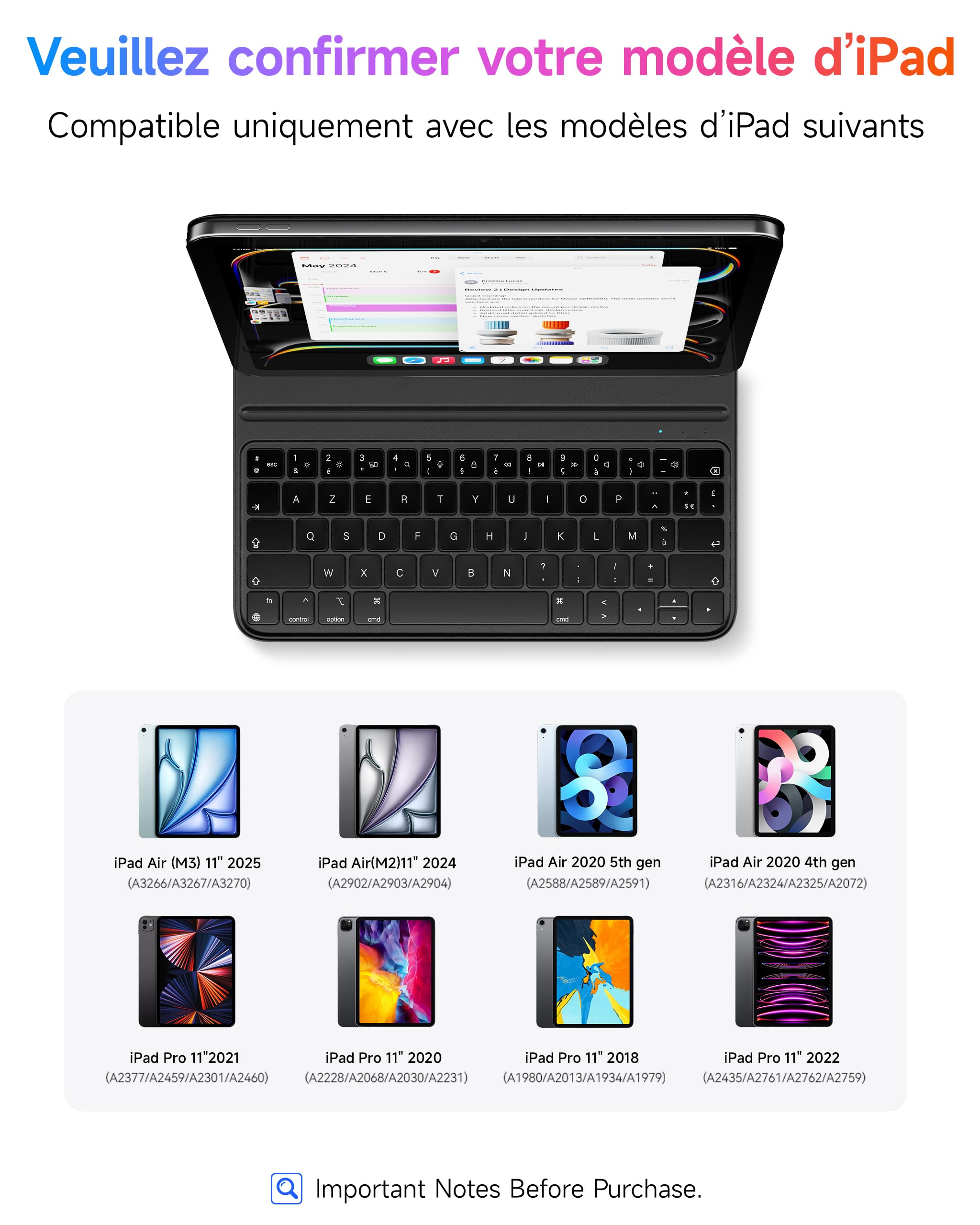 HOU Étui Clavier Compatible avec iPad Pro 11" 1ᵉʳ/2ᵉ/3ᵉ/4ᵉ génération,iPad Air 11 Pouces M4/M3/M2 & Air 5e/4e génération, Deux Angles de Soutien, Ergonomique, AZERTY, en Similicuir, Noir