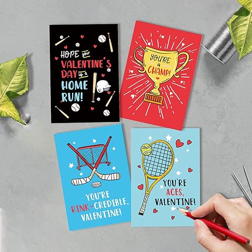 Vista 6 de Chenive Tarjetas del día de San Valentín para niños, tarjeta de felicitación para el día de San Valentín con temática deportiva, 40 tarjetas del día
