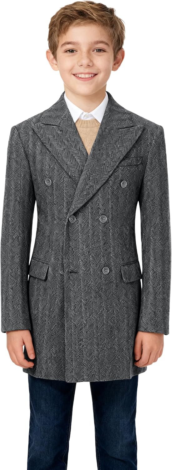 Boys Trench Coats Tweed Double Breasted Trench Coat for Boys Peacoat Kids Winter Overcoat for Boy Dress Coat Casual