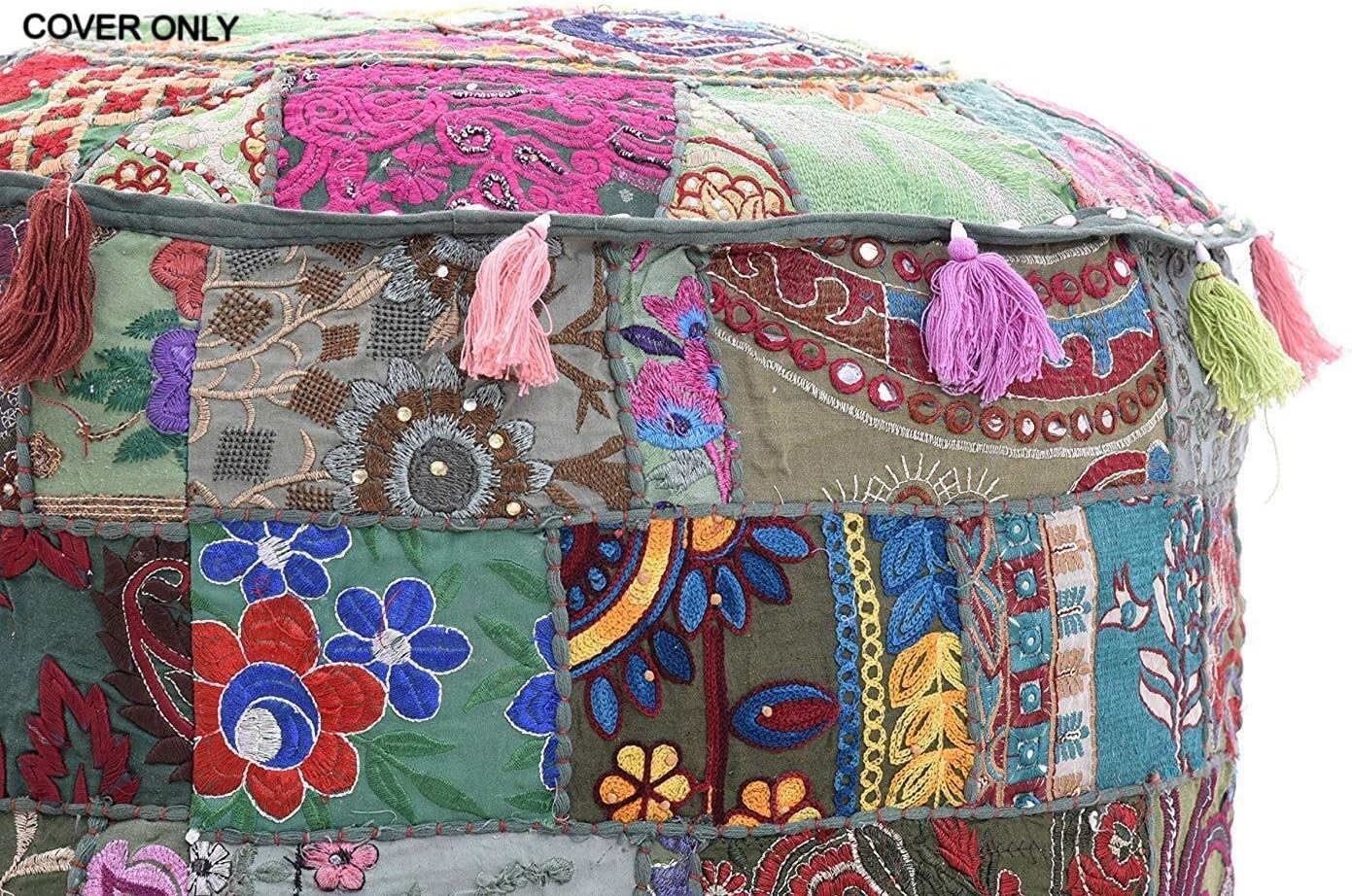 KLAVATE Ganesham Indian Hippie Vintage Cotton Floor Pillow & Cushion Patchwork Bean Bag Chair Cover Boho Bohemian Hand Embroidered Handmade Pouf Ottoman (Grey, 13 H X 18 Diam.(Inch))