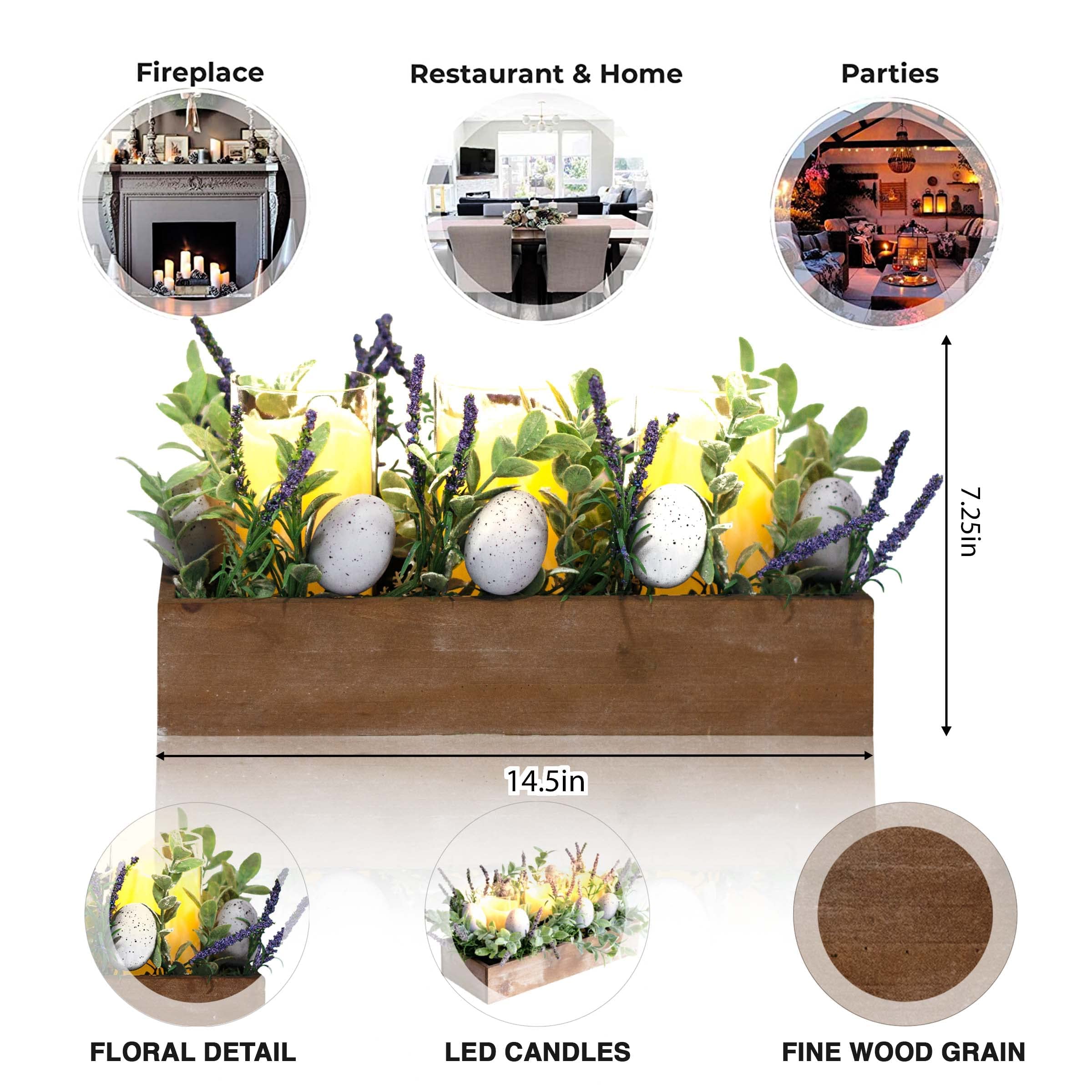 Easter Decorations 3-PC LED Candles Easter Decor Table Centerpiece with Artificial Lavender for Easter Holiday Decoration Spring Décor Artificial Plants (Natural Wood)