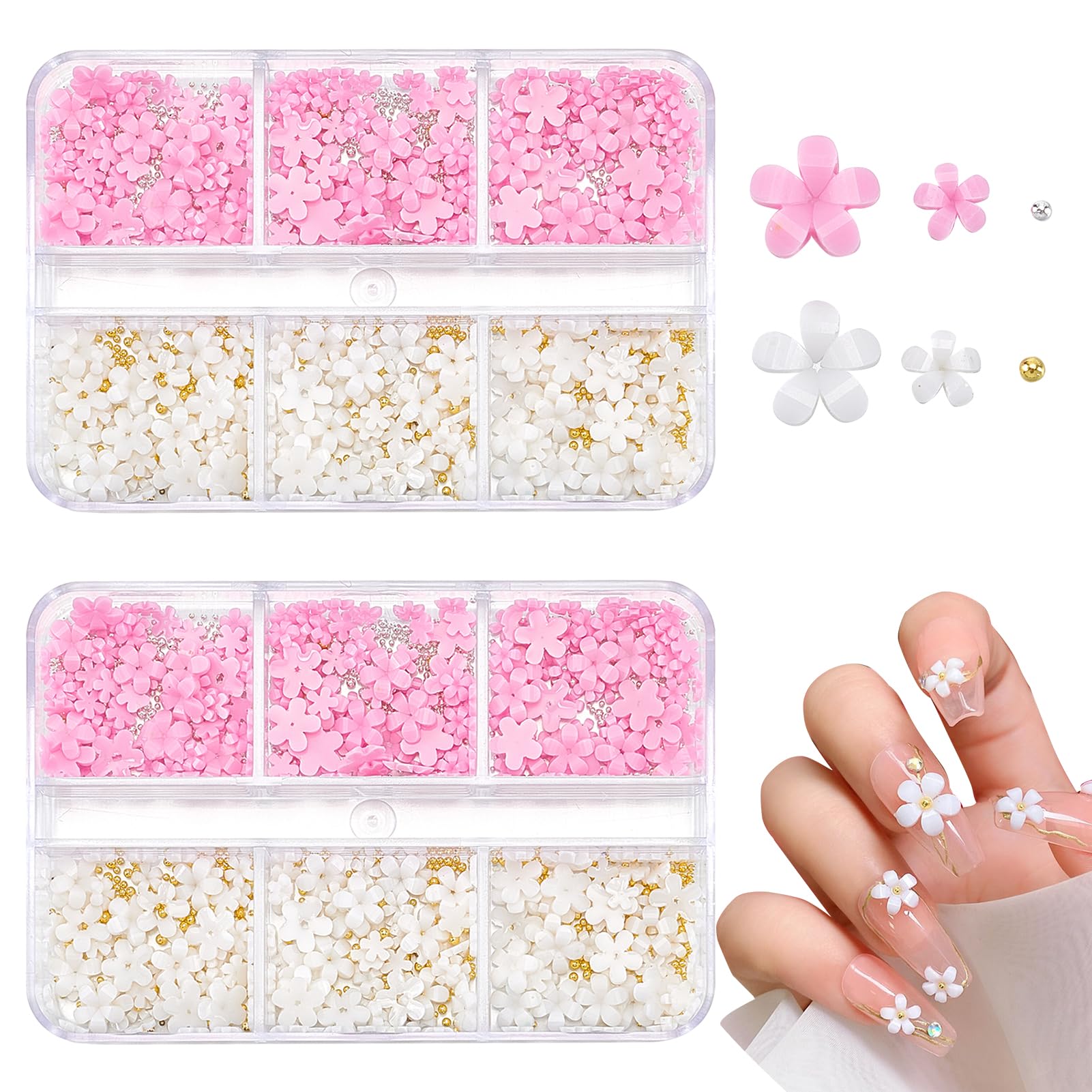 NICENEEDED 3D Flowers Nail Art Charms, White Pink Acrylic Nail Charms Nail Art Rhinestones with Gold Silver Round Beads