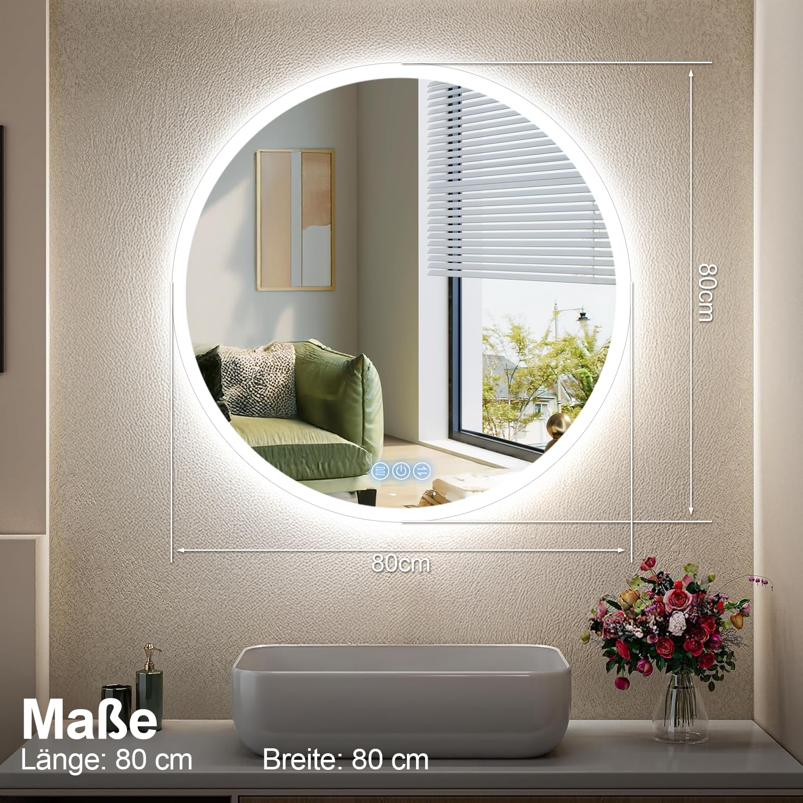 Specchio bagno con luce Rotondo 80cm, Specchio Bagno LED con Antifog, Dimmerabile, 3 Colori Luce, Memoria, HD Vetro Temperato, IP44, Specchio da parete con luce a LED
