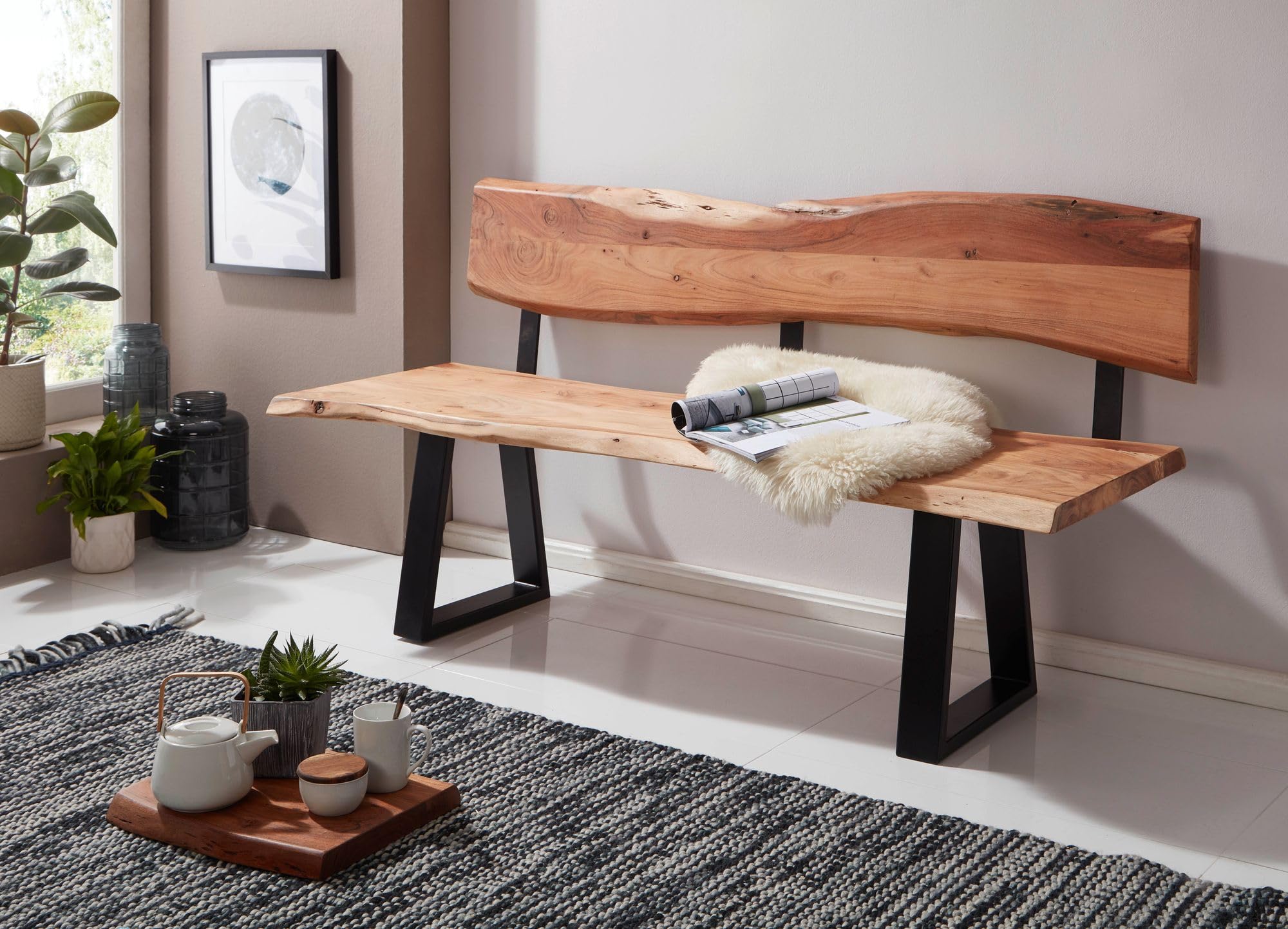 FineBuy Esszimmerbank 160x85,5x60 cm Akazie Massivholz Bank mit Baumkante, Sitzbank Holzbank mit Lehne, Küchenbank Essbank Holz Landhausstil, Baumstamm Küchensitzbank 3 Sitzer Massiv Braun