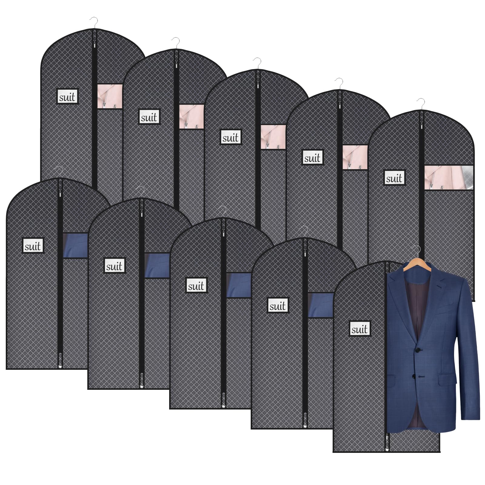 Univivi Anzugtaschen für Schrankaufbewahrung und Reisen, 101,6 cm, hängende Kleidersäcke für Herren, Anzughülle mit transparentem Fenster und Ausweishalter für Anzugjacke, Hemd und Mantel, 10 Stück