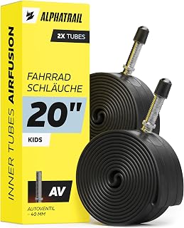 Alphatrail Fahrradschlauch 20 Zoll mit AV Autoventil 2X Set mit Mobilitätsgarantie I Kompatible Fahrradreifen Schwalbe, Continental, Conti, Michelin, Kenda & Maxxis I 20 Zoll Schlauch