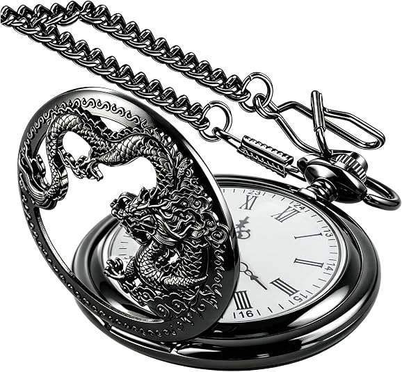 Dragon Quartz Pocket Watches for Men Roman Numerals Pocket Watch with Chain
