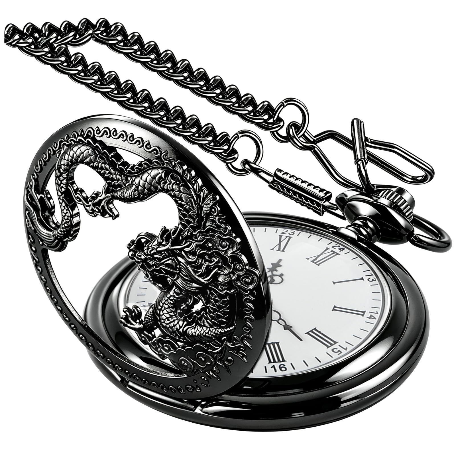 Dragon Quartz Pocket Watches for Men Roman Numerals Pocket Watch with Chain