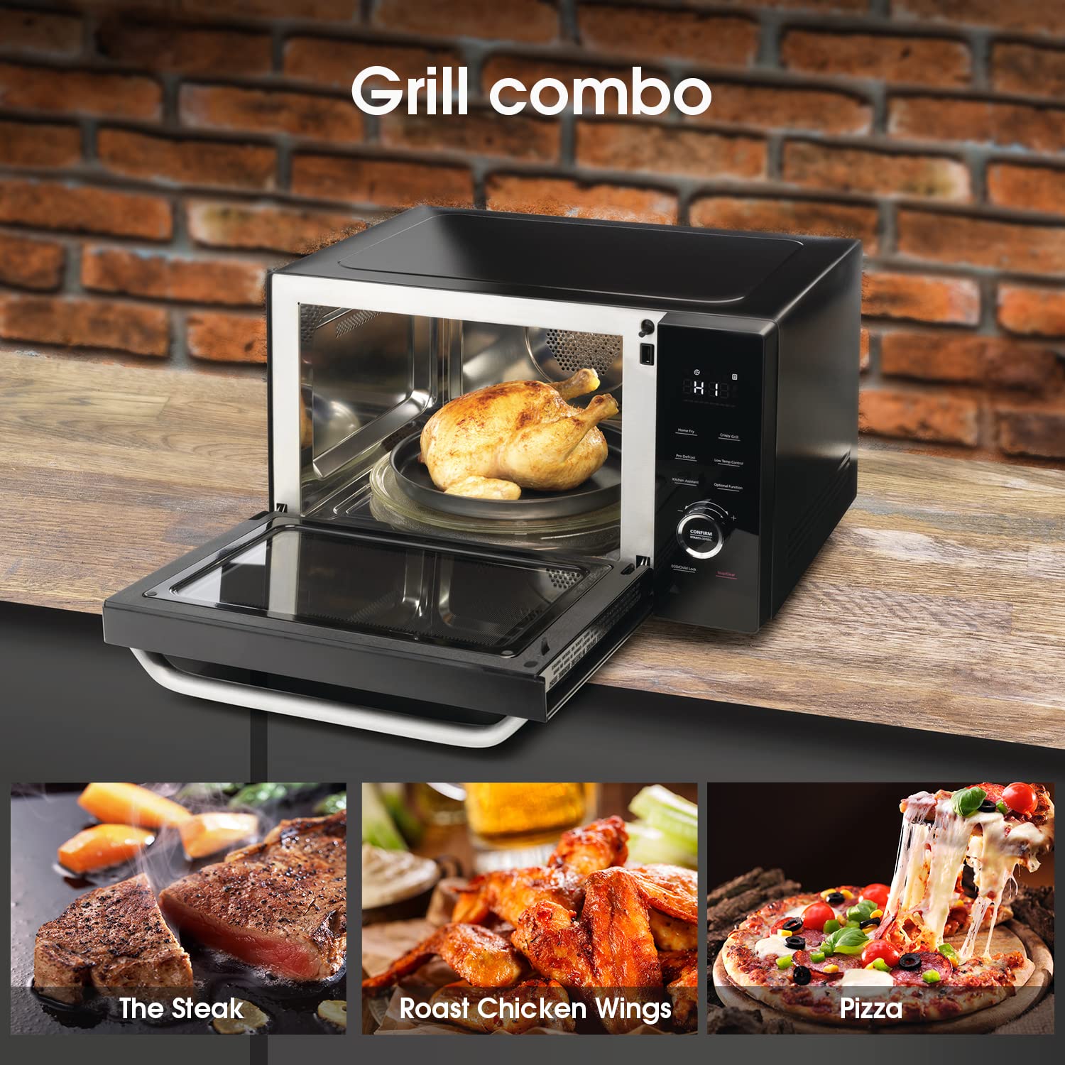 Hisense H30MOBS10HC Horno Microondas 4 en 1 Combo con grill, Airfry, y convección, 1000 W/2400 W/2400 W, 30 Litros, 10 programas, Limpieza con vapor, Color Negro